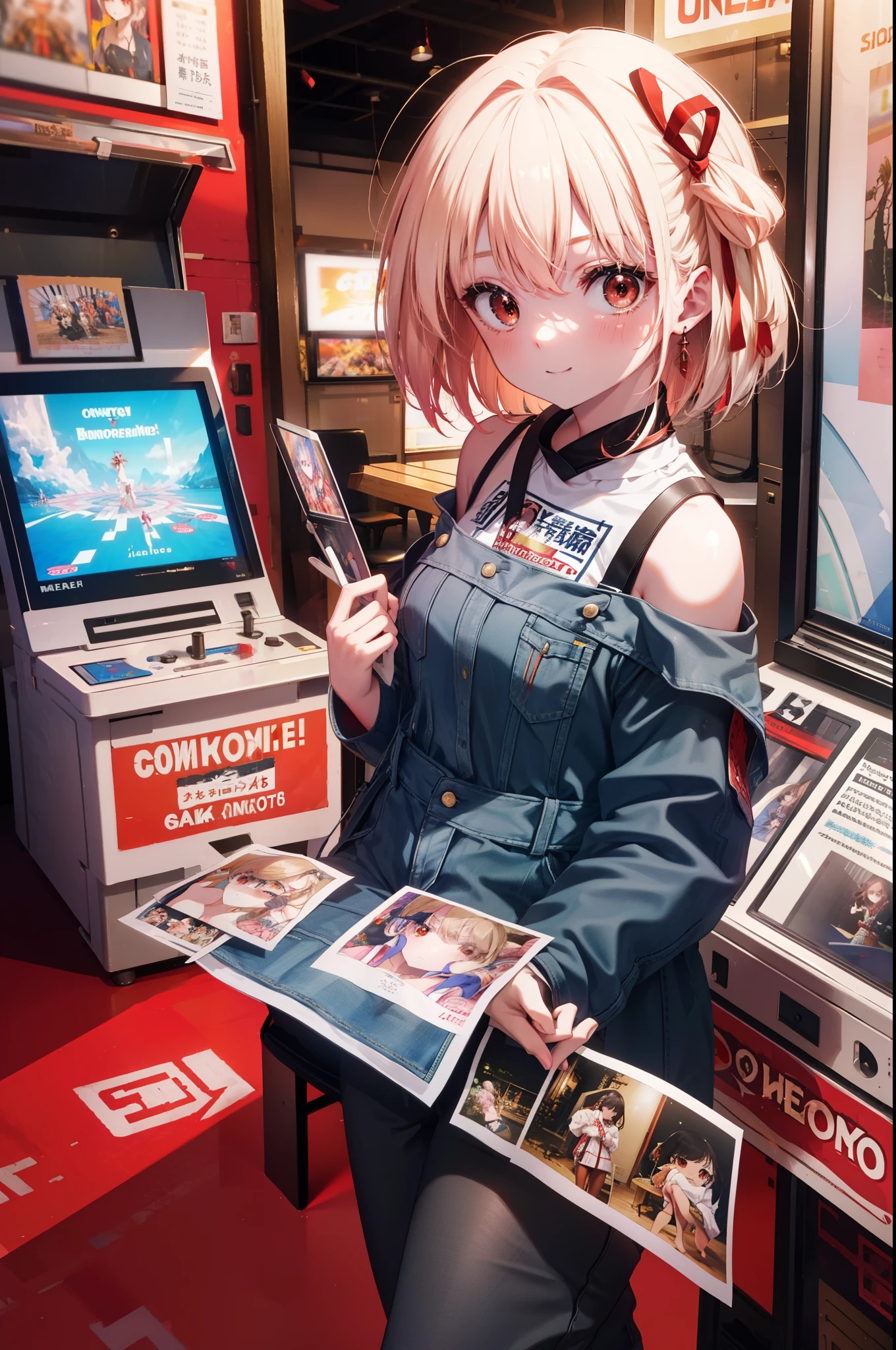 chisatonishikigi, nishikigi chisato, bangs, blonde hair, (red eyes:1.5), hair ribbon, one side up, smile,long hair,tie hair back,,off shoulder dress,short denim pants,short boots,smile,sitting Chair, game_center, scenery, arcade cabinet, Chair, poster (object), indoor ,s4g4m1,
break indoors, gameセンター,
break looking at viewer, (cowboy shot:1.5),
break (masterpiece:1.2), highest quality, High resolution, unity 8k wallpaper, (shape:0.8), (fine and beautiful eyes:1.6), highly detailed face, perfect lighting, Very detailed CG, (perfect hands, perfect anatomy),