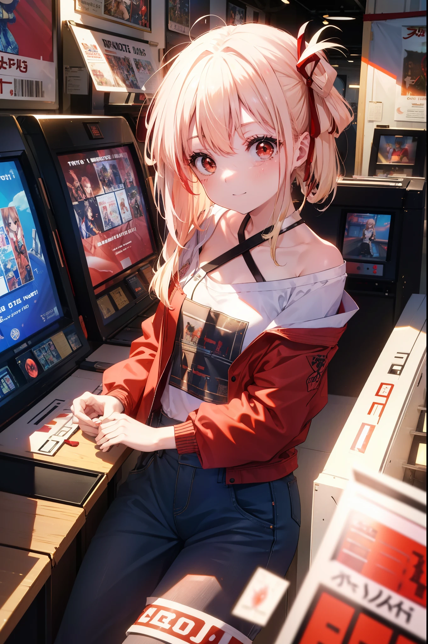 chisatonishikigi, nishikigi chisato,  bangs, blonde hair, (red eyes:1.5), hair ribbon, one side up, smile,long hair,tie hair back,,off shoulder dress,short denim pants,short boots,smile,sitting Chair, game_center, scenery, arcade cabinet, Chair, poster (object), indoor ,s4g4m1,
break indoors, gameセンター,
break looking at viewer, (cowboy shot:1.5),
break (masterpiece:1.2), highest quality, High resolution, unity 8k wallpaper, (shape:0.8), (fine and beautiful eyes:1.6), highly detailed face, perfect lighting, Very detailed CG, (perfect hands, perfect anatomy),