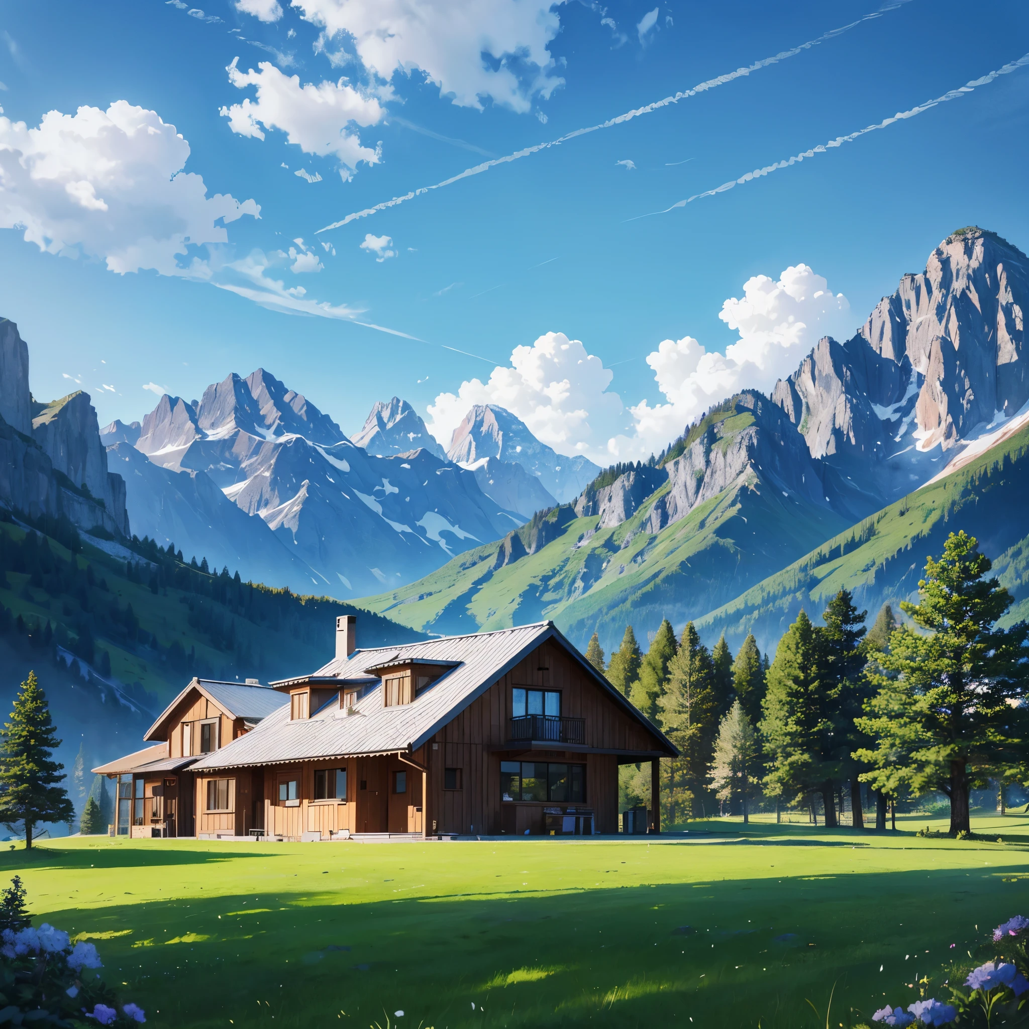 A landscape, of a place with mountains covered in green lawn, with pine trees, a modern house a little far from the mountains, blue sky with perfect clouds, ultra resolution, perfect quality, masterpiece, very detailed, 4k HD.

