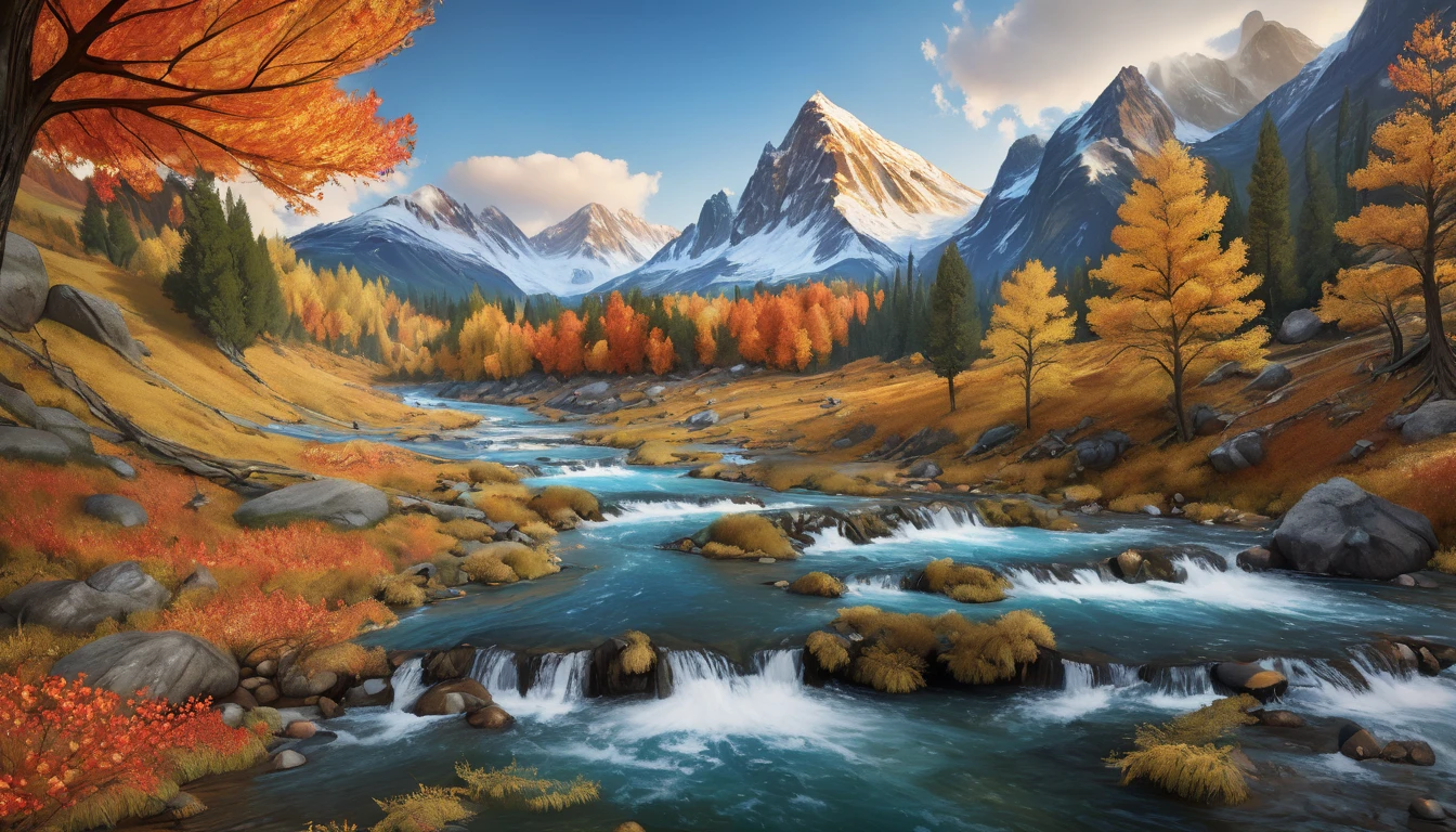 ((ultra wide angle x0.5:1.5, fisheye camera:1.5, 360 degrees:1.5)),(landscape with mountains, river, trees, rocks, waterfall, autumn, autumn colors:1.5), ((Imaginative scene )), (( highly detailed: 1.4), (( Masterpiece )), ( Hyper-detailed and beautiful: 1.3), (Photorealistic: 1.4), 32k.