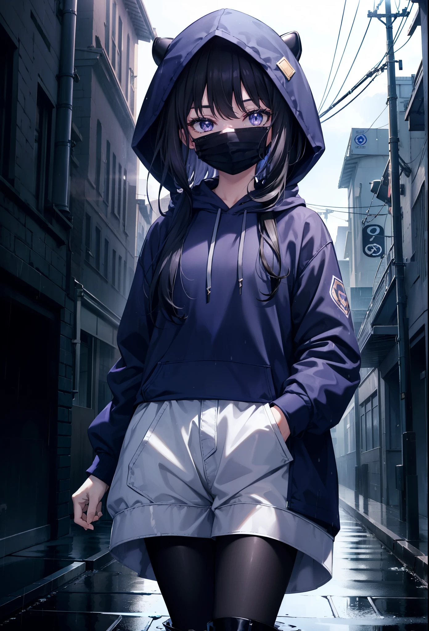 Takiuchi Kame, check it out, long hair, bangs, black hair, (purple eyes:1.2),Blue hoodie,hood up,Cover your mouth with a blue mask,shorts,white pantyhose,short boots,it's raining,cloudy sky,puddle,In town,building street,Both hands are in the pockets of the hoodie,
break looking at viewer, (cowboy shot:1.5),
break (masterpiece:1.2), highest quality, High resolution, unity 8k wallpaper, (figure:0.8), (detailed and beautiful eyes:1.6), highly detailed face, perfect lighting, Very detailed CG, (perfect hands, perfect anatomy),