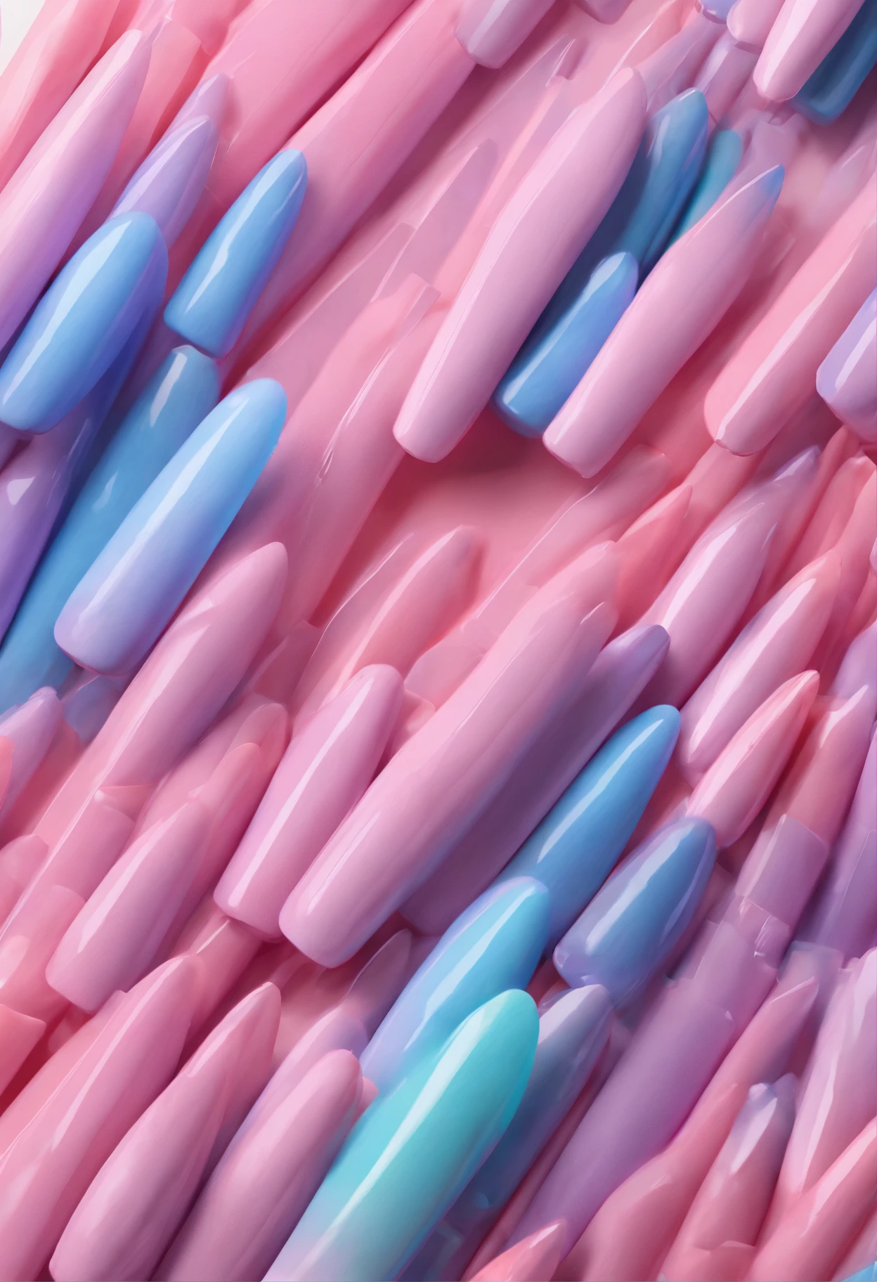 Long square nail design with pastel pink lilac and blue tones