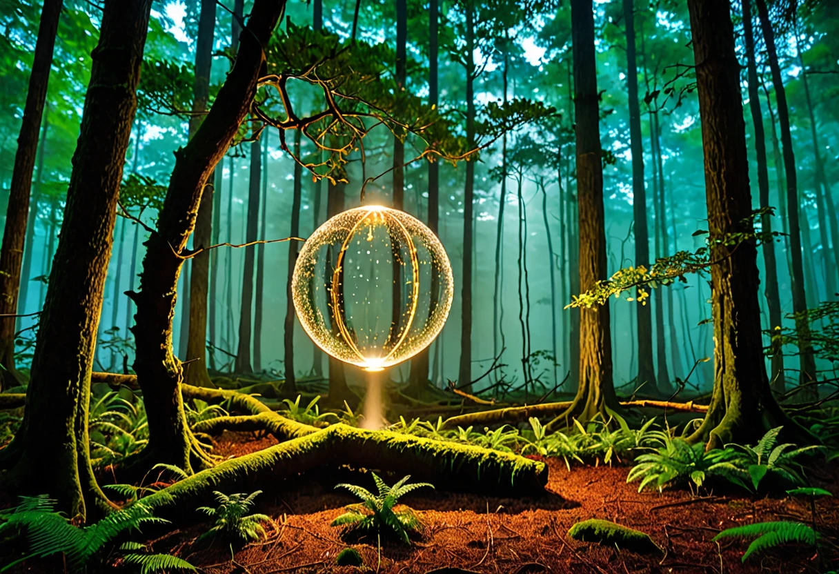 Imagine a scene in the depths of a dark, ancient forest. Amidst the dense foliage and mist, there is a clearing. In the center of this clearing stands a peculiar, luminous object. It emits a soft, ethereal glow, casting intriguing shadows on the forest floor.

The object itself is enigmatic - it appears to be a crystalline sphere, hovering just above the ground. Wisps of mist curl around its surface, adding to its mysterious aura. Despite its brightness, the details of the object are elusive, almost as if it's shrouded in a veil of magic.

Around this object, the forest seems to react. Trees lean slightly towards it, their branches reaching as if trying to touch the light it emits. Strange, otherworldly flowers bloom at its base, their petals glowing softly in the radiance.

In the background, the ancient trees loom tall and watchful, their gnarled branches creating a canopy overhead. A few fireflies dance in the air, drawn to the light of the mysterious object.

Capture this moment of mystery and wonder, where the ordinary world meets something beyond imagination.