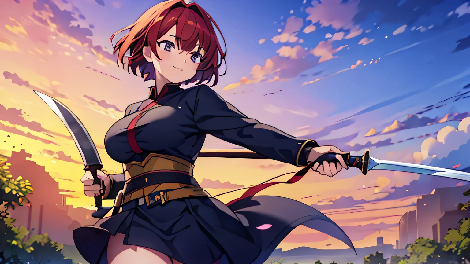 girl,huge breasts,short hair,hair above one eye,crimson hair,smile,the sword on her hip,I have a naginata,ninja,dragon wing,dutch angle,close to the viewer,in the meadow