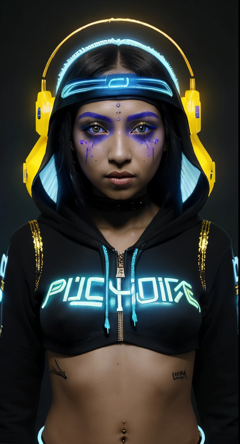 10 year old Egyptian queen, piel morena, ojos color miel, mirada retadora, sudadera con capucha inscripciones egipcia, negro con dorado, electric blue neon tattoos, display with information, futurista cyber punk