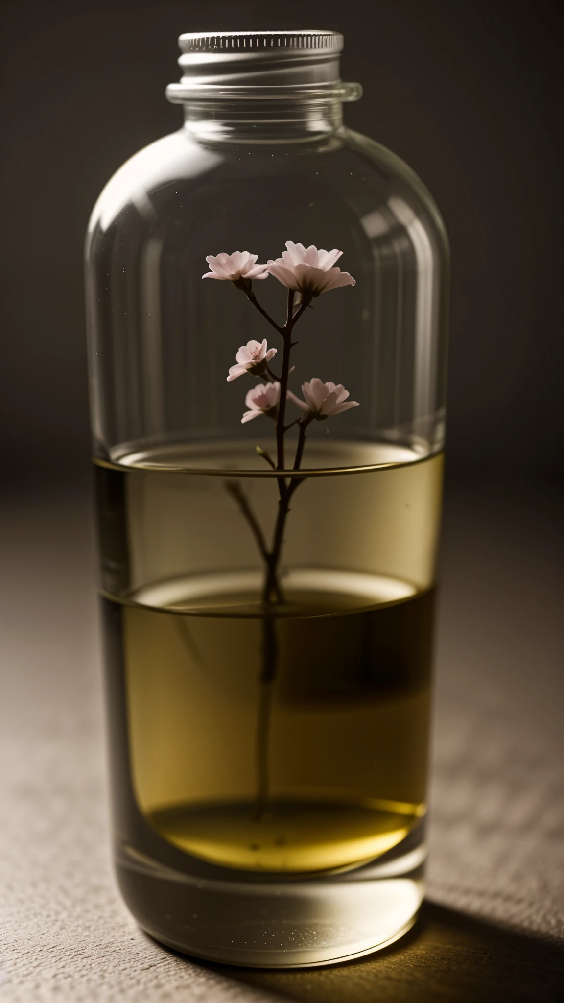 peach blossom tree in a bottle, esponjoso, realista, refraction of atmospheric light, Autor：Lee Jeffries Nikon D850 Stock Photo 4 Kodaport 400 F1 Camera.6 shots Rich colors Ultra-realistic realistic textures Dramatic lighting Trends in Unreal Engine ArtStation CineStill 800, Estilo-vidrio