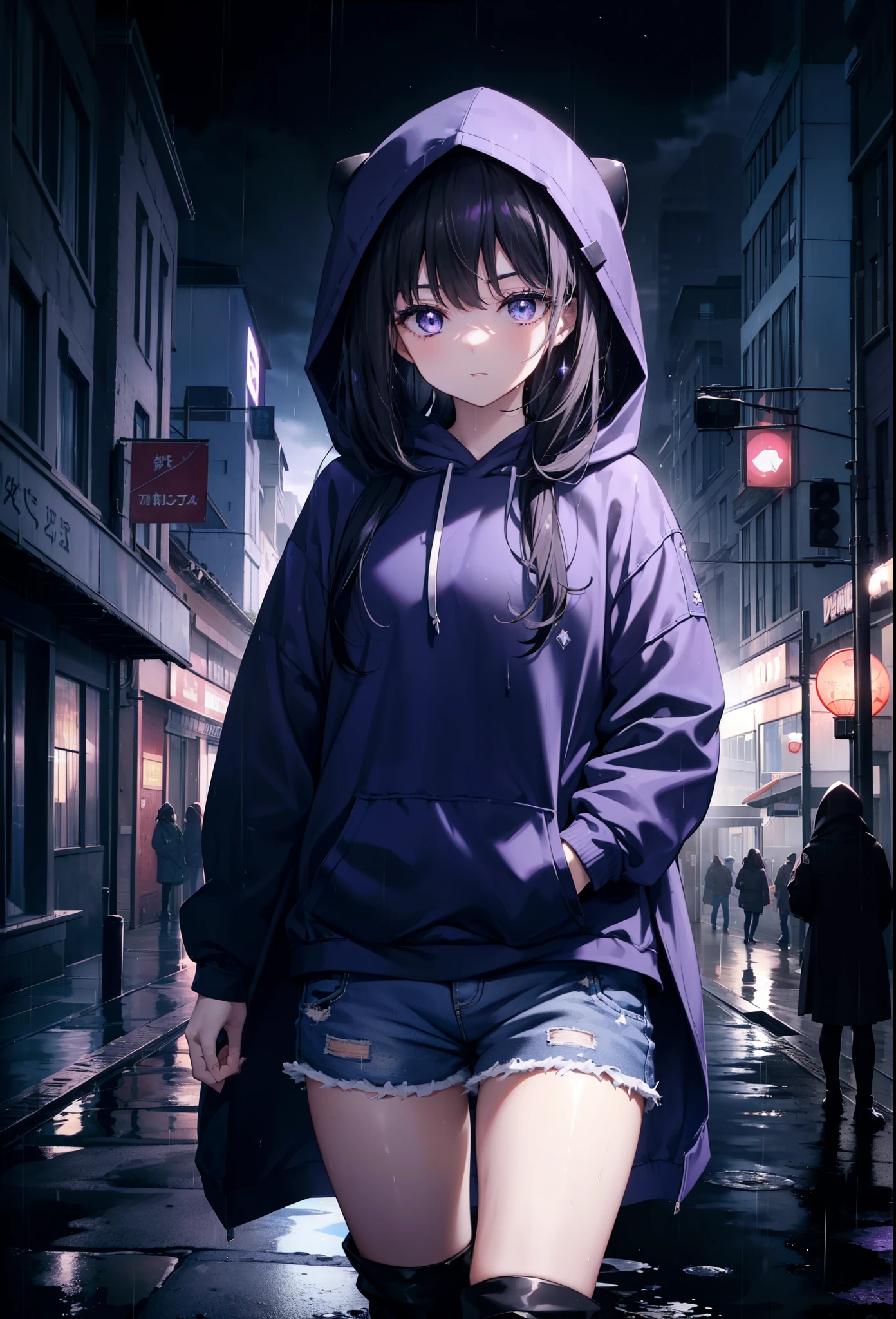 Takiuchi Kame, check it out, long hair, bangs, black hair, (purple eyes:1.2),oversized blue hoodie,hood up,Cover your mouth with a blue mask,shorts,white tights,short boots,it&#39;s raining,cloudy sky,puddle,In town,building street,Both hands are in the pockets of the hoodie,
break looking at viewer, (cowboy shot:1.5),
break (masterpiece:1.2), highest quality, High resolution, unity 8k wallpaper, (figure:0.8), (detailed and beautiful eyes:1.6), highly detailed face, perfect lighting, Very detailed CG, (perfect hands, perfect anatomy),