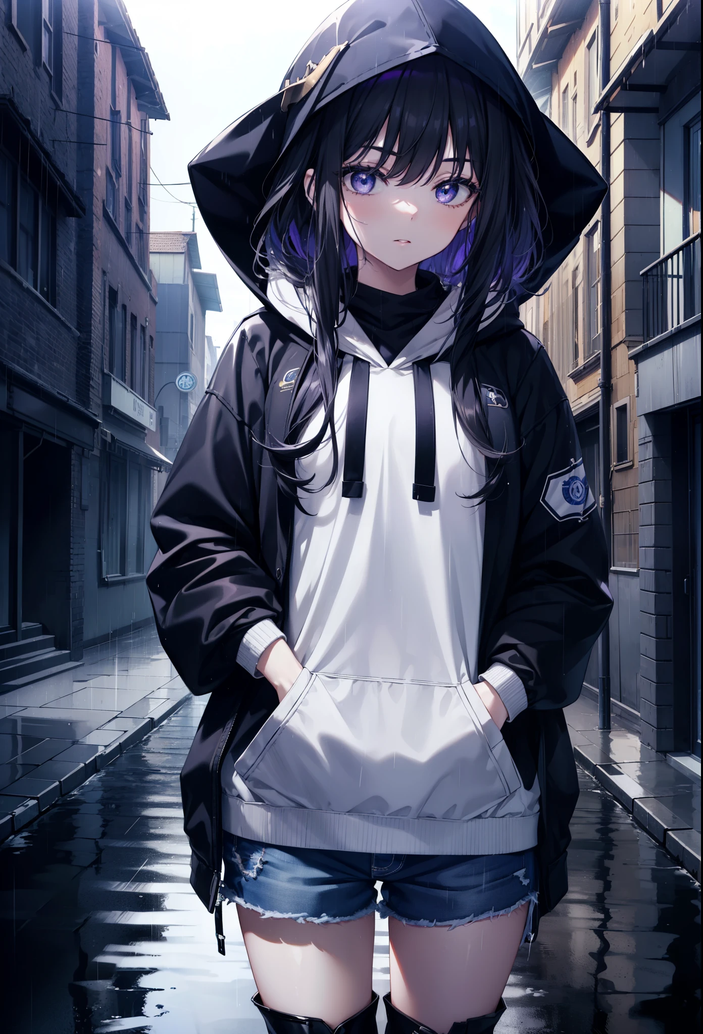 Takiuchi Kame, check it out, long hair, bangs, black hair, (purple eyes:1.2),oversized blue hoodie,hood up,Cover your mouth with a blue mask,shorts,white tights,short boots,it&#39;s raining,cloudy sky,puddle,In town,building street,Both hands are in the pockets of the hoodie,
break looking at viewer, (cowboy shot:1.5),
break (masterpiece:1.2), highest quality, High resolution, unity 8k wallpaper, (figure:0.8), (detailed and beautiful eyes:1.6), highly detailed face, perfect lighting, Very detailed CG, (perfect hands, perfect anatomy),