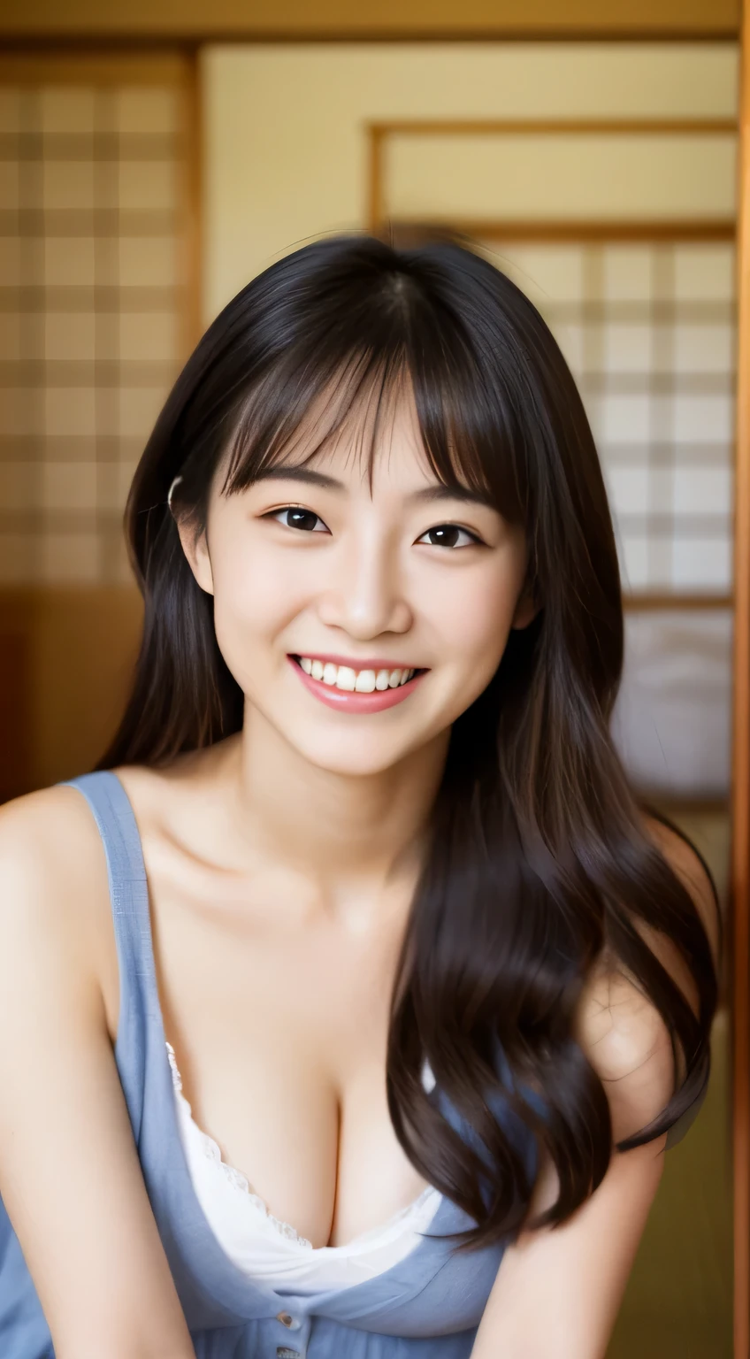 masterpiece,best quality,(Japanese ),((Beautiful girl)),cleavage,room,(perfect body beauty:1.2),(shy smile),beautiful teeth,