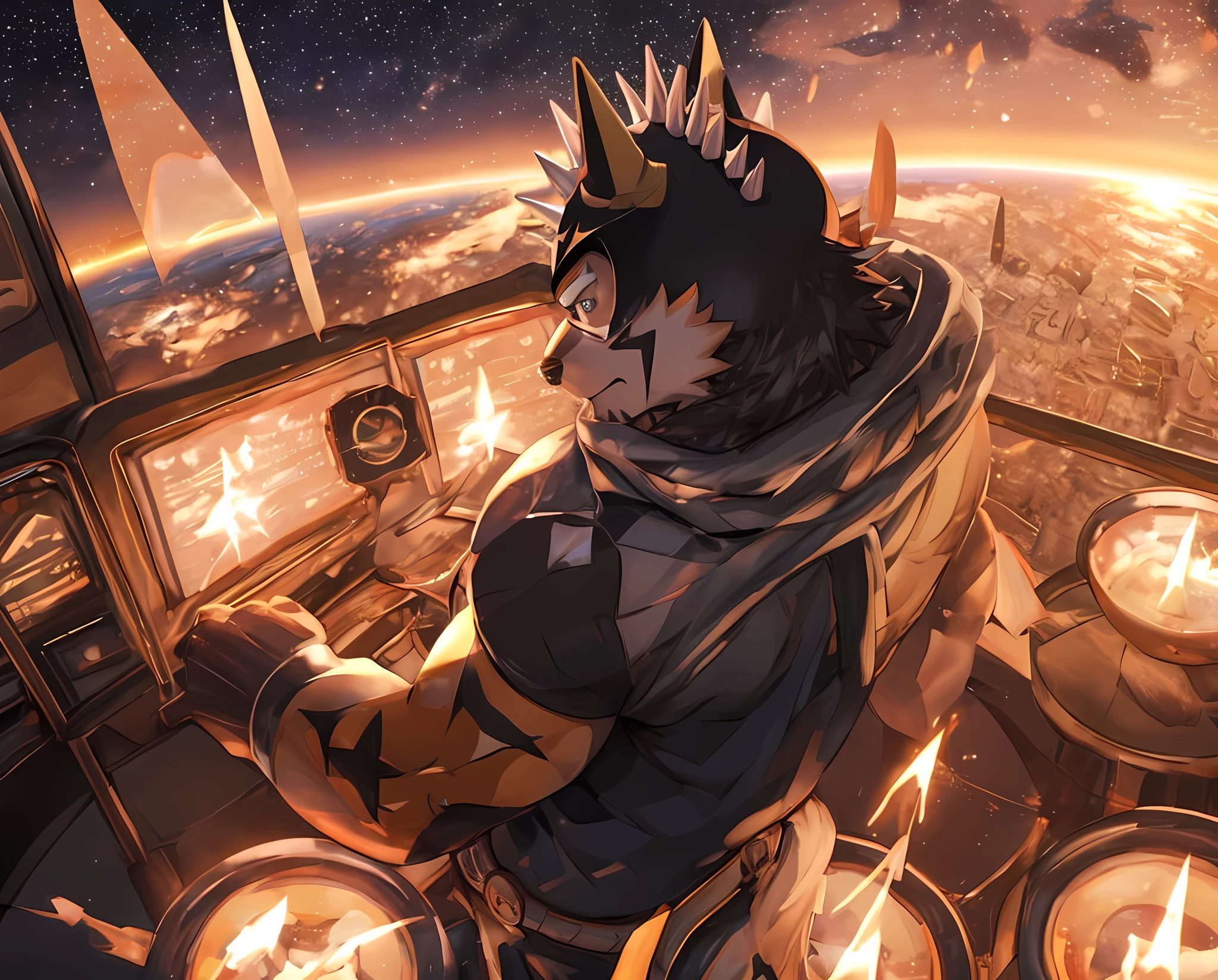 Anthropomorphic, (Solo), Ryekie, Single, Male, Muscle, Lonely, 45 years old, in King clothes, airplanes ship, Perfect scaling, Masterpiece, High Definition, Best Drawing, by Nullghostart, many People, in the tower alone watching from above, Embrace the Sky, Stargazing, Beautiful atmosphere, Lighting, on the space, Reaching the stars