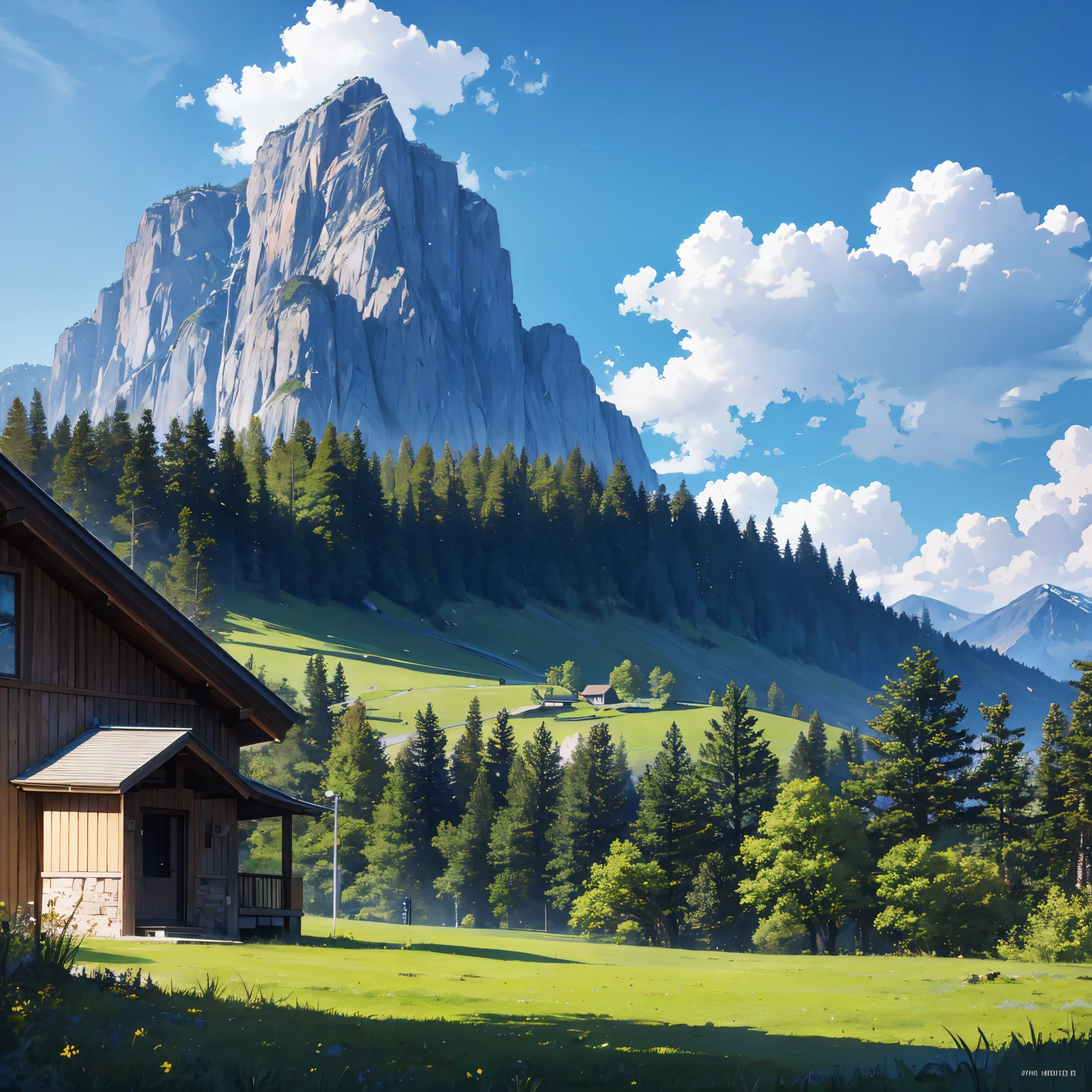 A landscape, of a place with mountains covered in green lawn, with pine trees, a modern house a little far from the mountains, blue sky with perfect clouds, ultra resolution, perfect quality, masterpiece, very detailed, 4k HD.