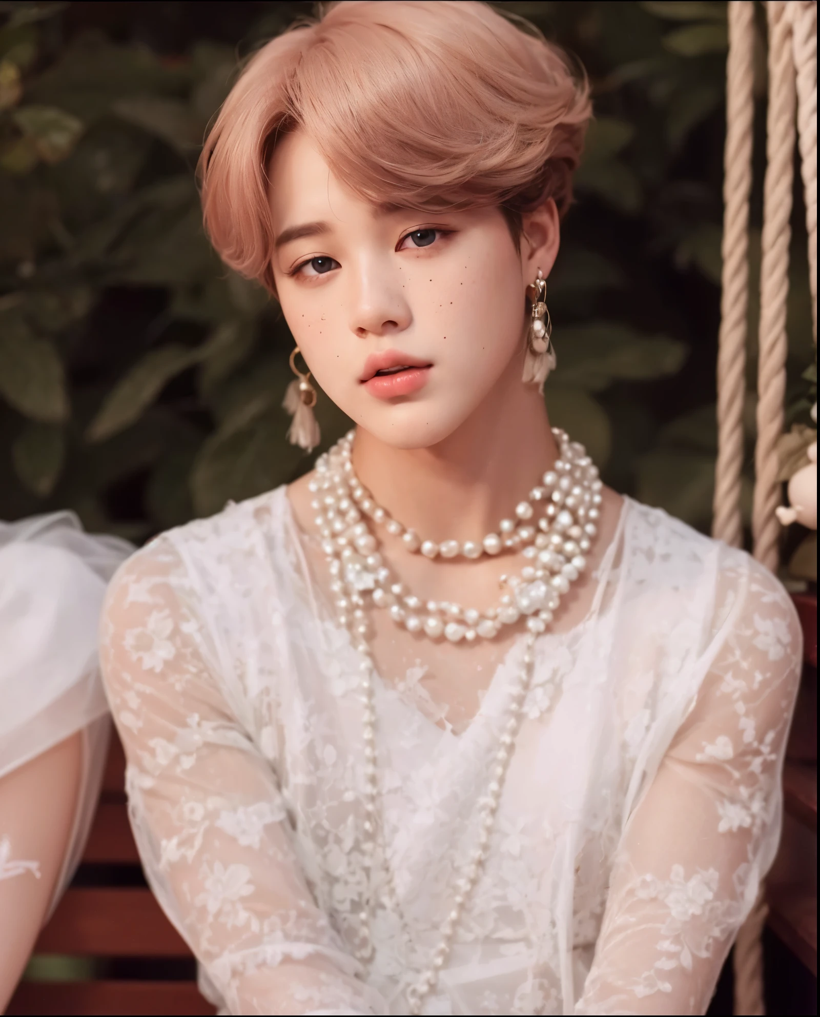 man with angelic beauty, good lighting, high quality, well-drawn features, full mouth, round eyes, black hair, round eyes, freckles all over his face, park jimin, jimin from bts, white background, doll skin, doll's eyes, doll's mouth