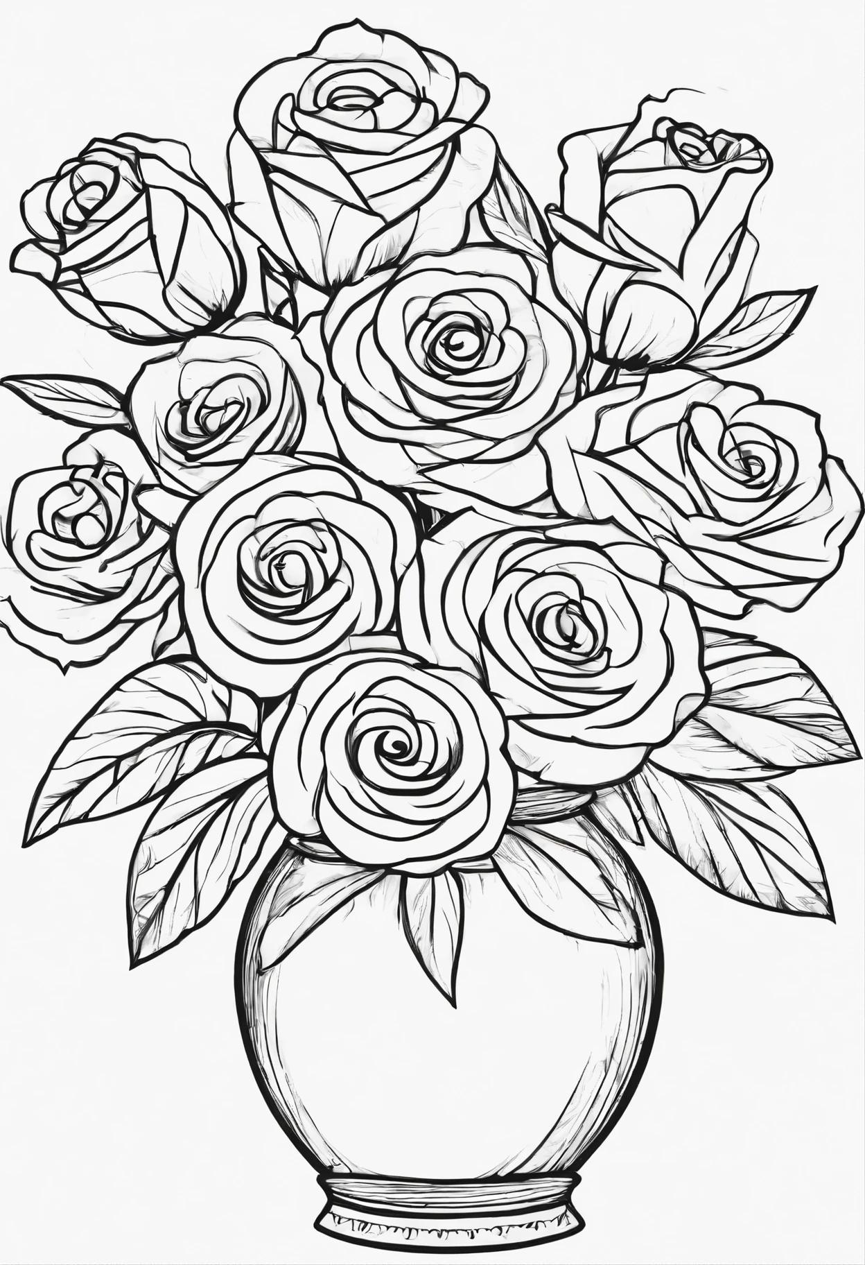 A VASE OF ROSES, b/w coloring page style, white background