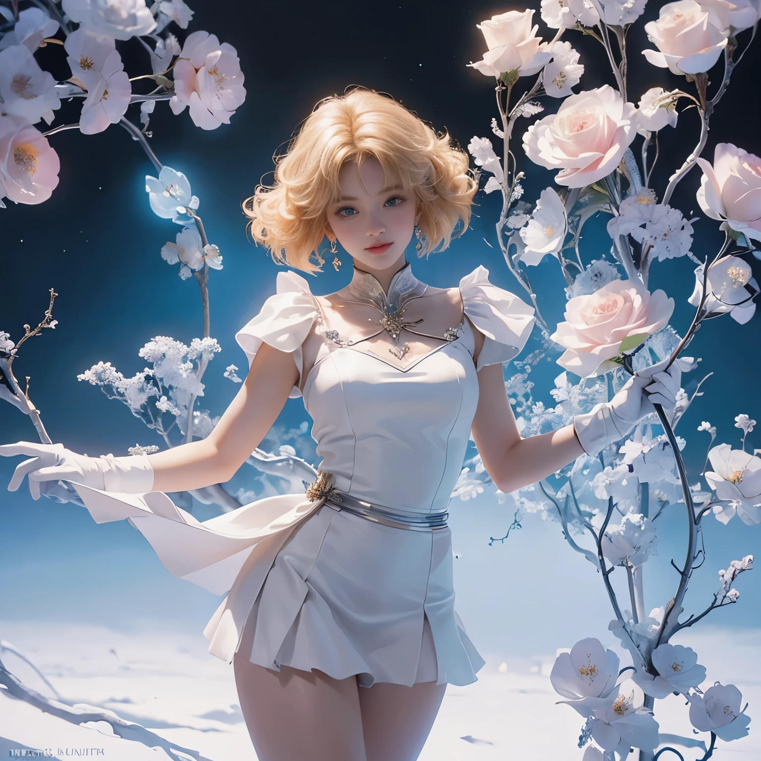 (CG Unity 8K 壁紙,Extreme detail, masterpiece, best quality), (Exquisite light and shadow, Very dramatic picture, movie lens effects), (Sailor Moon: 1.1), charming smile, double tail, Vibrant blue eyes, Looking at the blond audience, white tights, White gloves, mini skirt, dynamic poses), The background is the universe (Excellent details, Excellent lighting, wide angle), (Excellent rendering, Enough to stand out among similar products),
