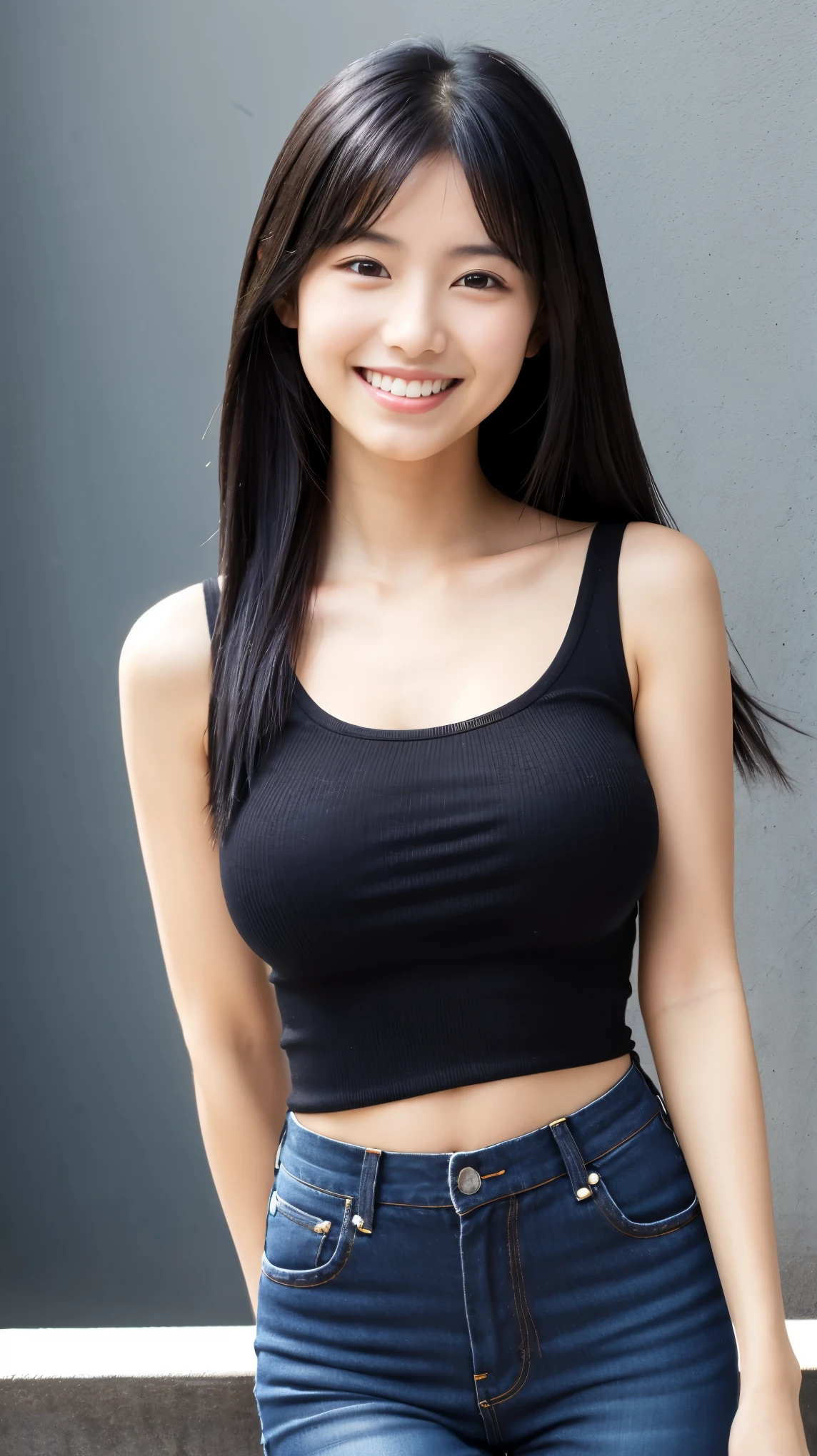 highest quality,best image,Japanese,big breasts,long black hair,beautiful girl,black tank top,jeans,smile