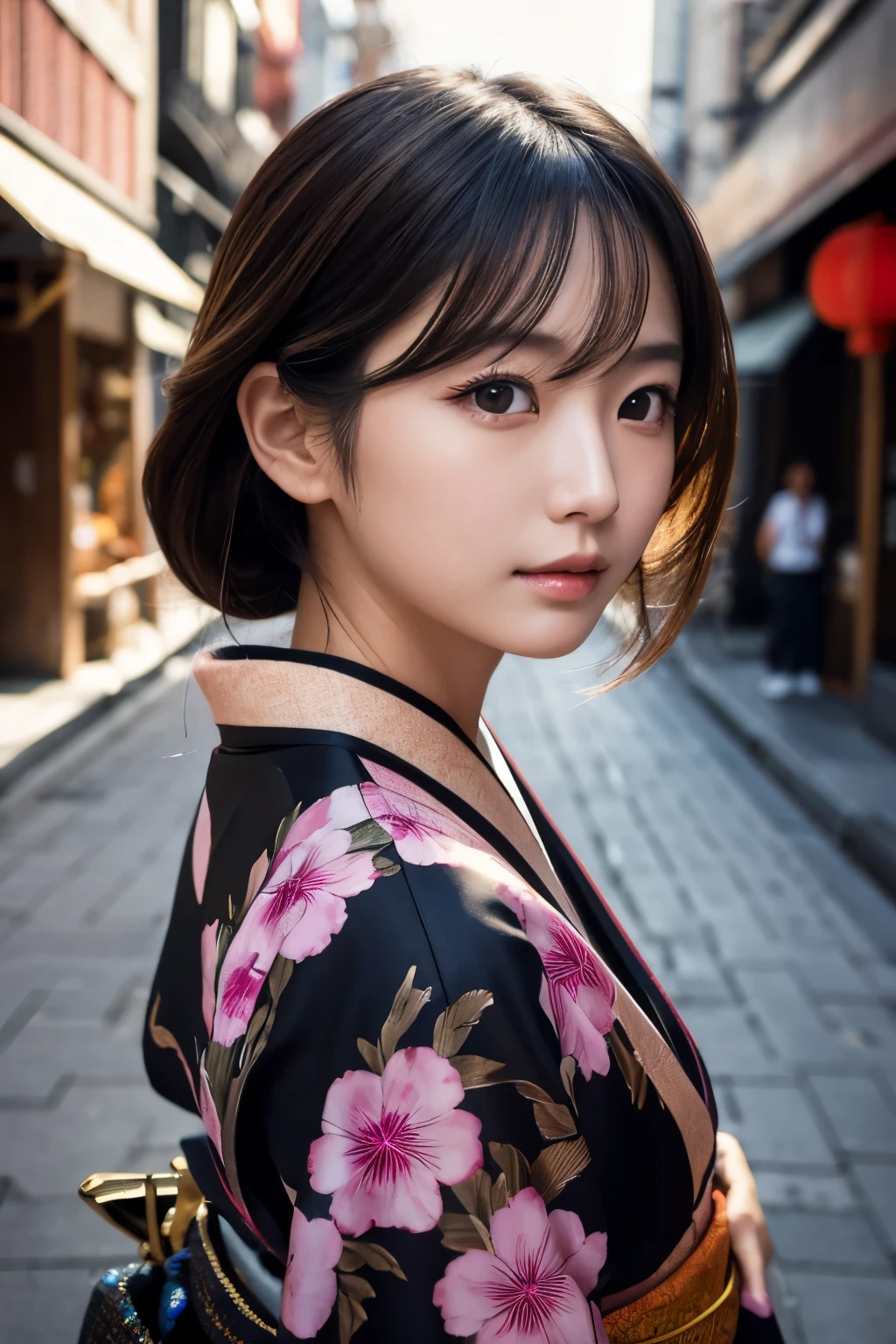 Beautiful Japanese supermodel woman, A lock of hair with slight highlights, black eyes, Sexy，street background，Gorgeous kimono , Liquid color flows across her face, Shooting against the light，Perfect facial lighting，mixed media