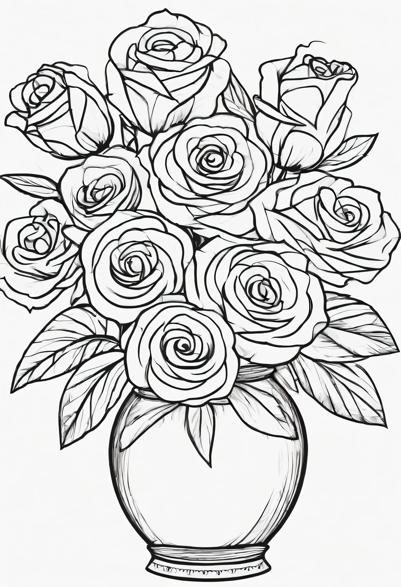 A VASE OF ROSES, b/w coloring page style, white background