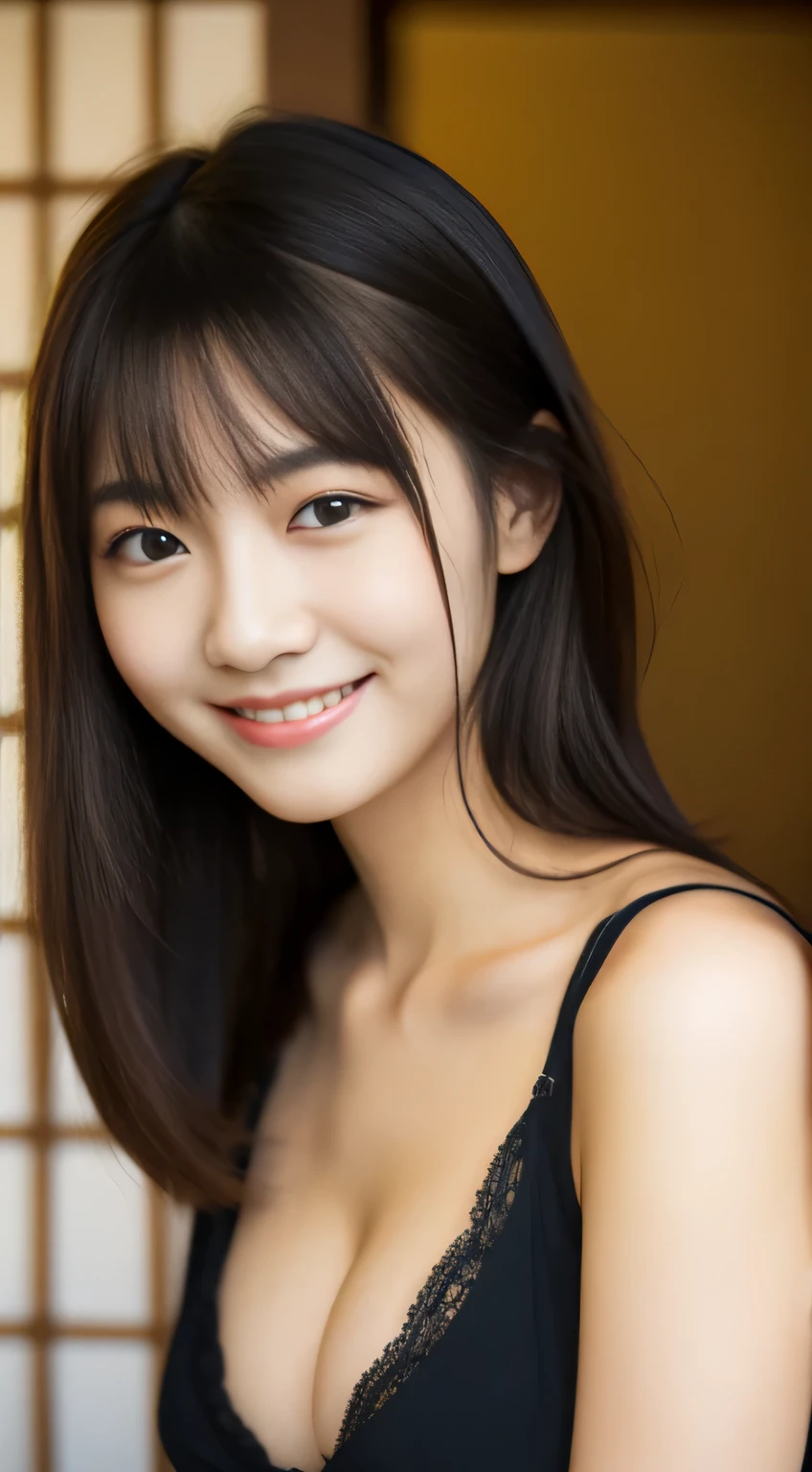 masterpiece,best quality,(Japanese ),((Beautiful girl)),cleavage,indoor,(perfect body beauty:1.2),(shy smile),beautiful teeth,