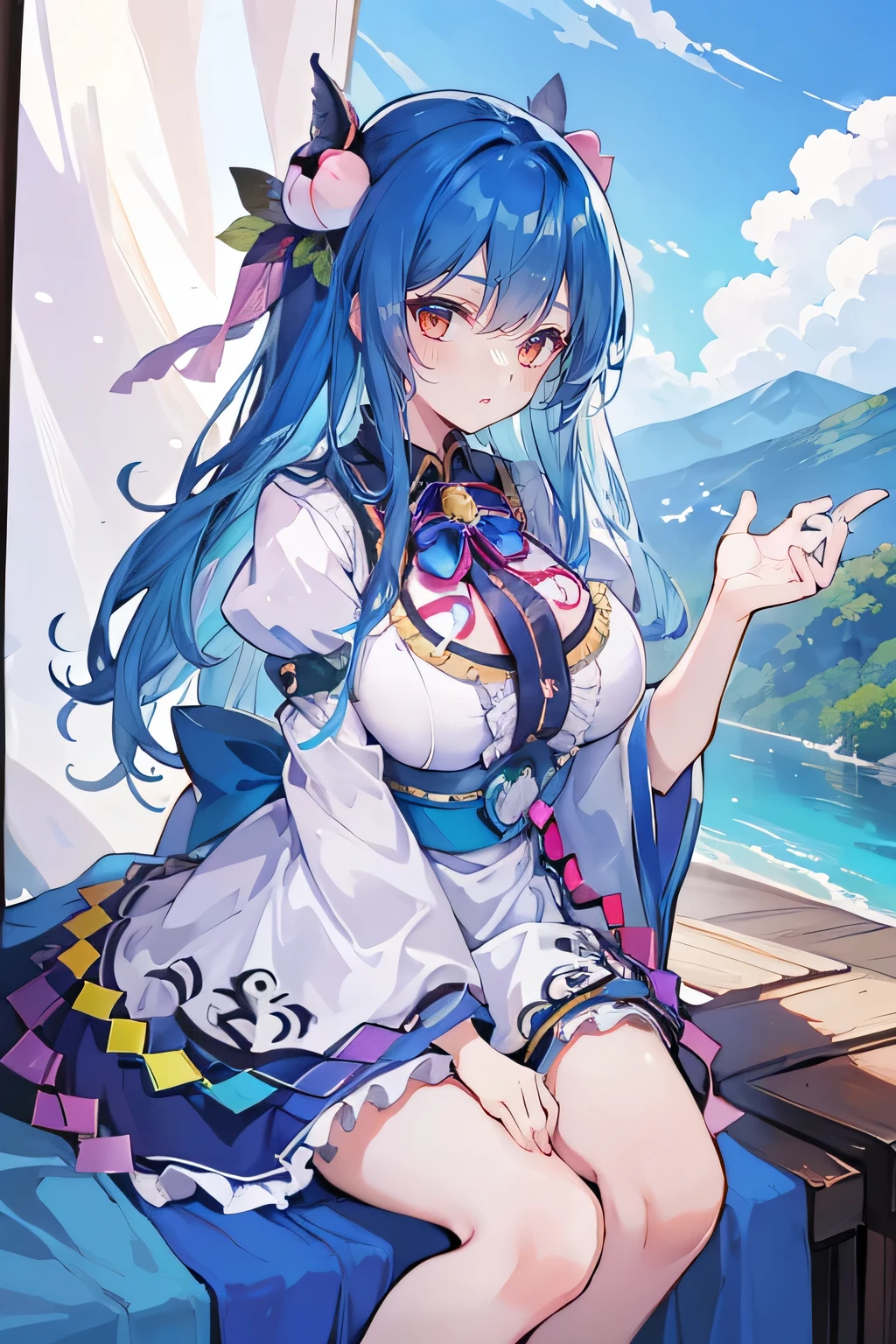 (masterpiece),best quality, expressive eyes, perfect face, 1girl,
big breasts, H cup, Good breasts, Put your hands on your waist,Fair, Gorgeous,japanese manga,girl,Laura,young angel, blue hair, blue haired,tent , tent chest, tent breast, floating clothes