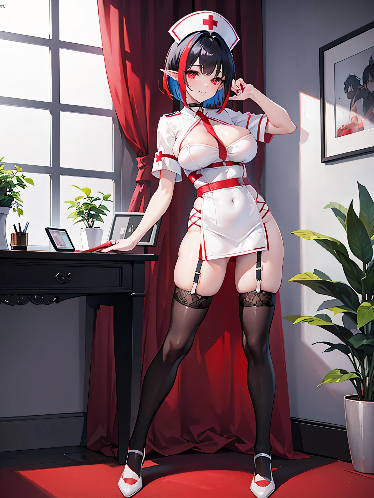 Sexy woman in wearing a sexy nurse outfit with blood samples and a knife, doing provocative and sexy pose, 1girl, solo, pointy ears, breasts, plant, nurse, hat, short hair, streaked hair, thighhighs, white thighhighs, red eyes, nurse cap, potted plant, red hair, full body, black hair, multicolored hair, short sleeves, large breasts, holding, choker, indoors, looking at viewer, black choker, dress, smile, white footwear, white dress, garter straps, standing, clipboard, zettai ryouiki, red nails, short dress