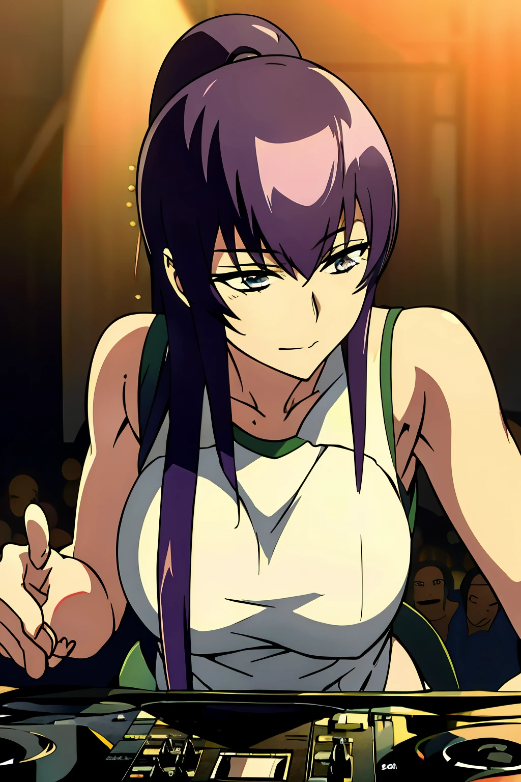 Una toma en solitario con Saeko Busujima un DJ, mostrando sus habilidades en los tocadiscos en una rave vibrante.