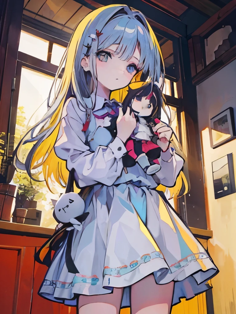 girl standing,Holding the doll in one hand, holding up hair with the other
