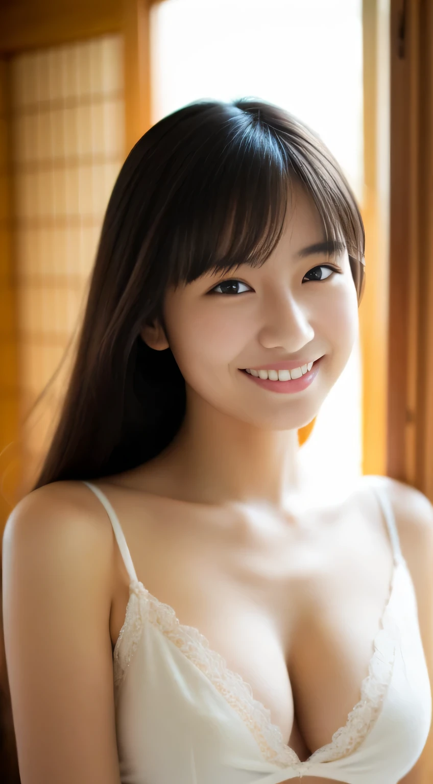 masterpiece,best quality,(Japanese ),((Beautiful girl)),cleavage,indoor,(perfect body beauty:1.2),(shy smile),beautiful teeth,