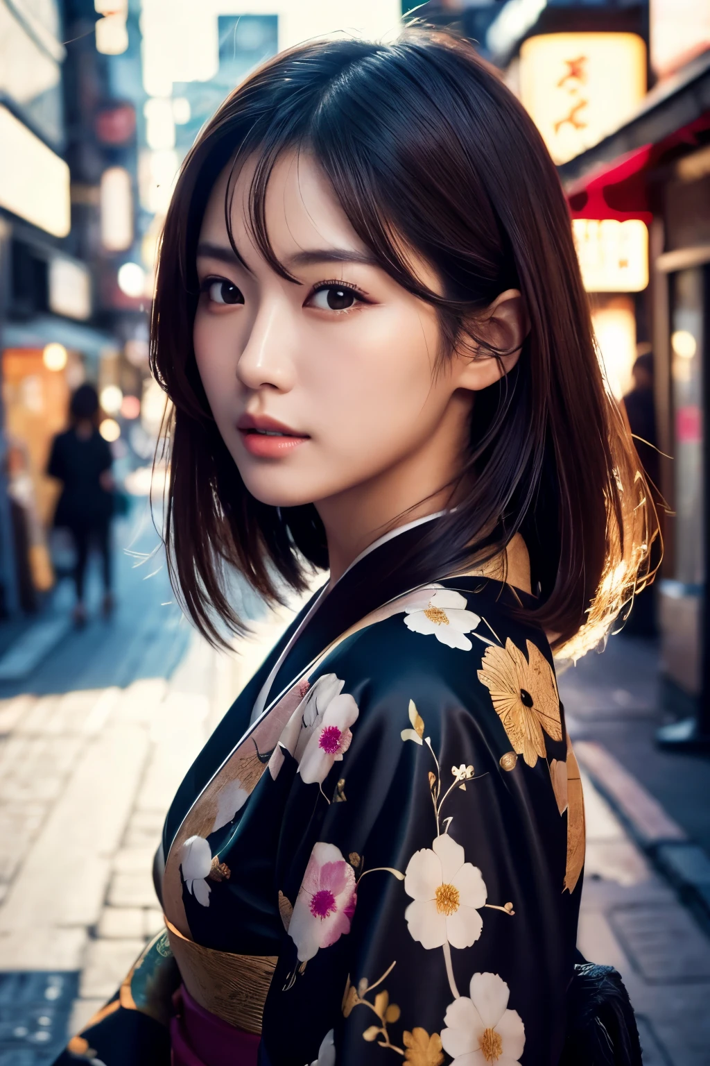 Beautiful Japanese supermodel woman, A lock of hair with slight highlights, black eyes, Sexy,street background,Gorgeous kimono , Liquid color flows across her face, Shooting against the light,Perfect facial lighting,mixed media