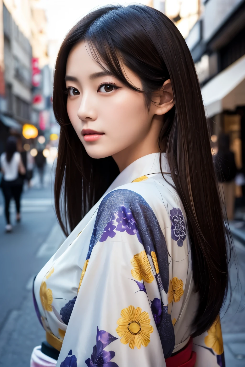 Beautiful Japanese supermodel woman, A lock of hair with slight highlights, black eyes, Sexy,street background,Gorgeous kimono , Liquid color flows across her face, Shooting against the light,Perfect facial lighting,mixed media