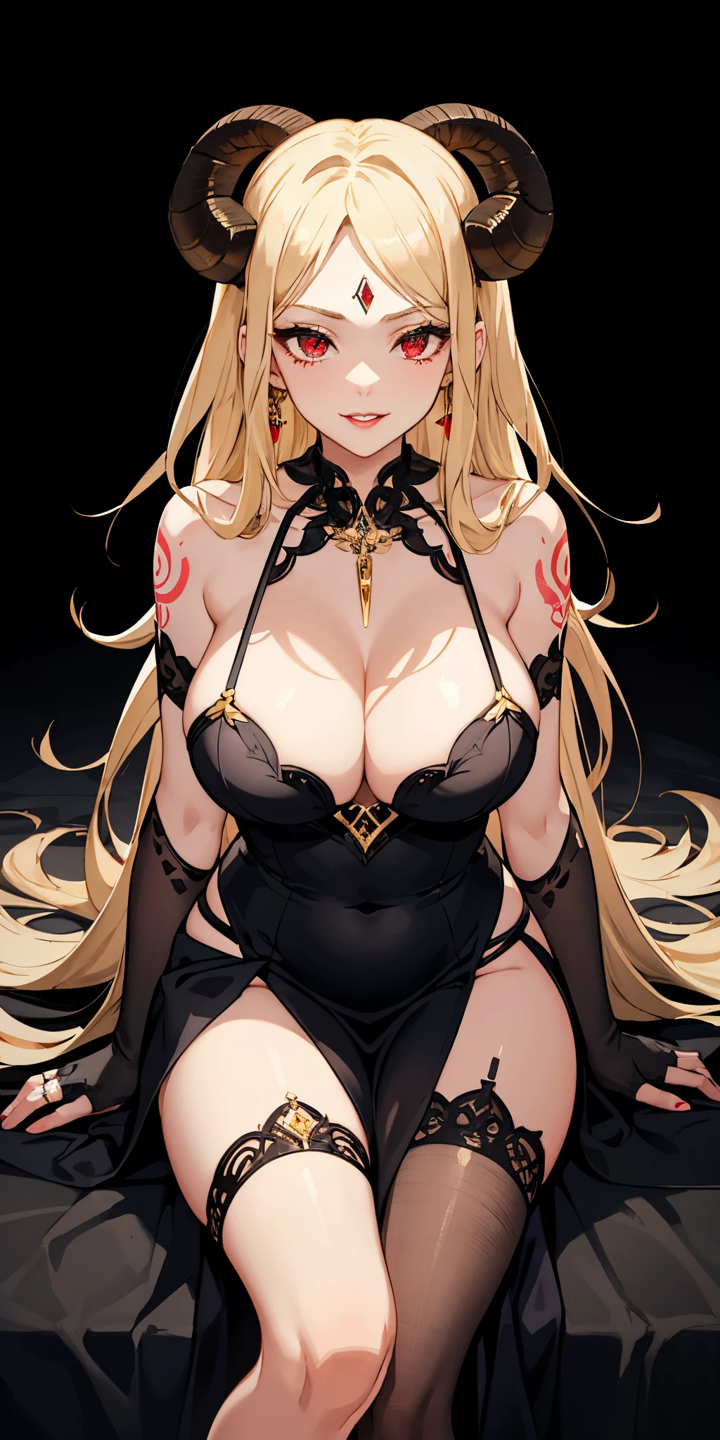 young woman, jewel on the forehead, gold jewelry, Goddess, ram horns, plump lips, masterpiece, 4k, highres, absurdres, red eyes, black lingerie dress, tattoos on arms and chest, large breasts, beautiful lighting, dynamic posing, black lipstick, smirking