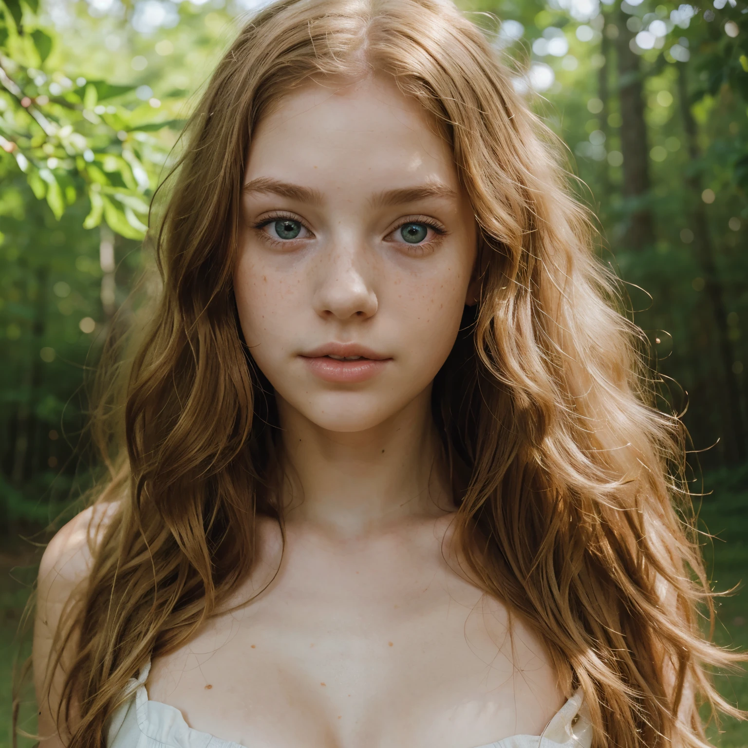 a young girl -19 years olith a lean and slim frame,a rather too sickly pale complexion which makes her soft doe forest green eyes stand out,long wavy strawberry blonde hair with peach plump lips and freckles that decorate her face touching her soft features //ethereal artstyle//