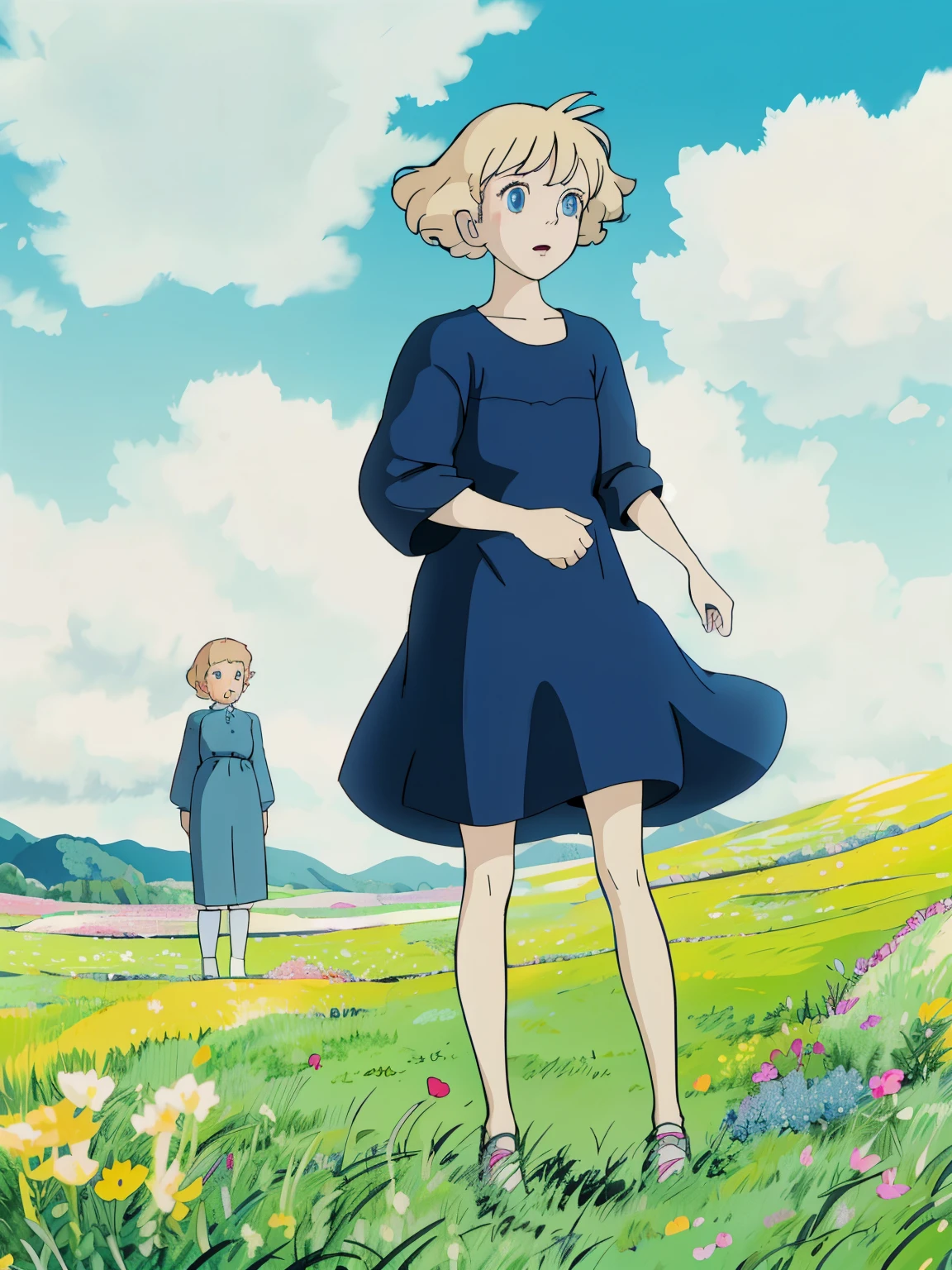 A girl, blonde, full body, short, short curly hair, blue eyes, petal grassland, windy