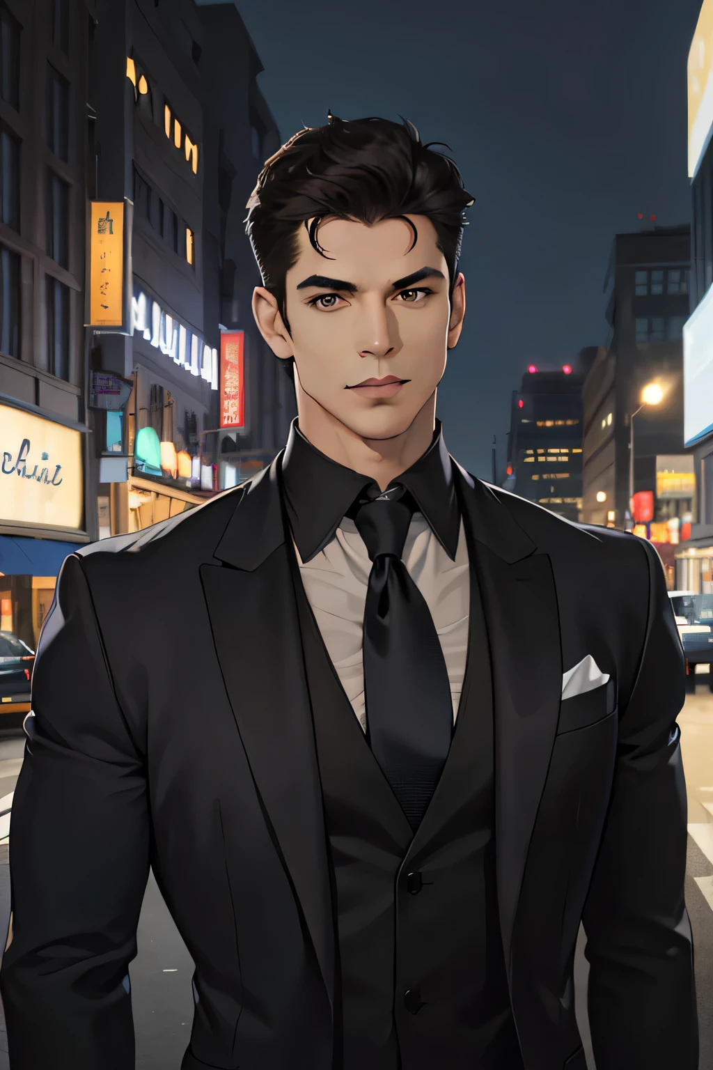 (absurdres, highres, ultra detailed, realistic, ), 1 male, solo, adult, mature, tall muscular guy, broad shoulders, handsome, very short hair, black hair, brown eyes, angular jaw, thick neck, thick eyebrows, night, dark, the night view of the city background, formal suit, necktie, upper body