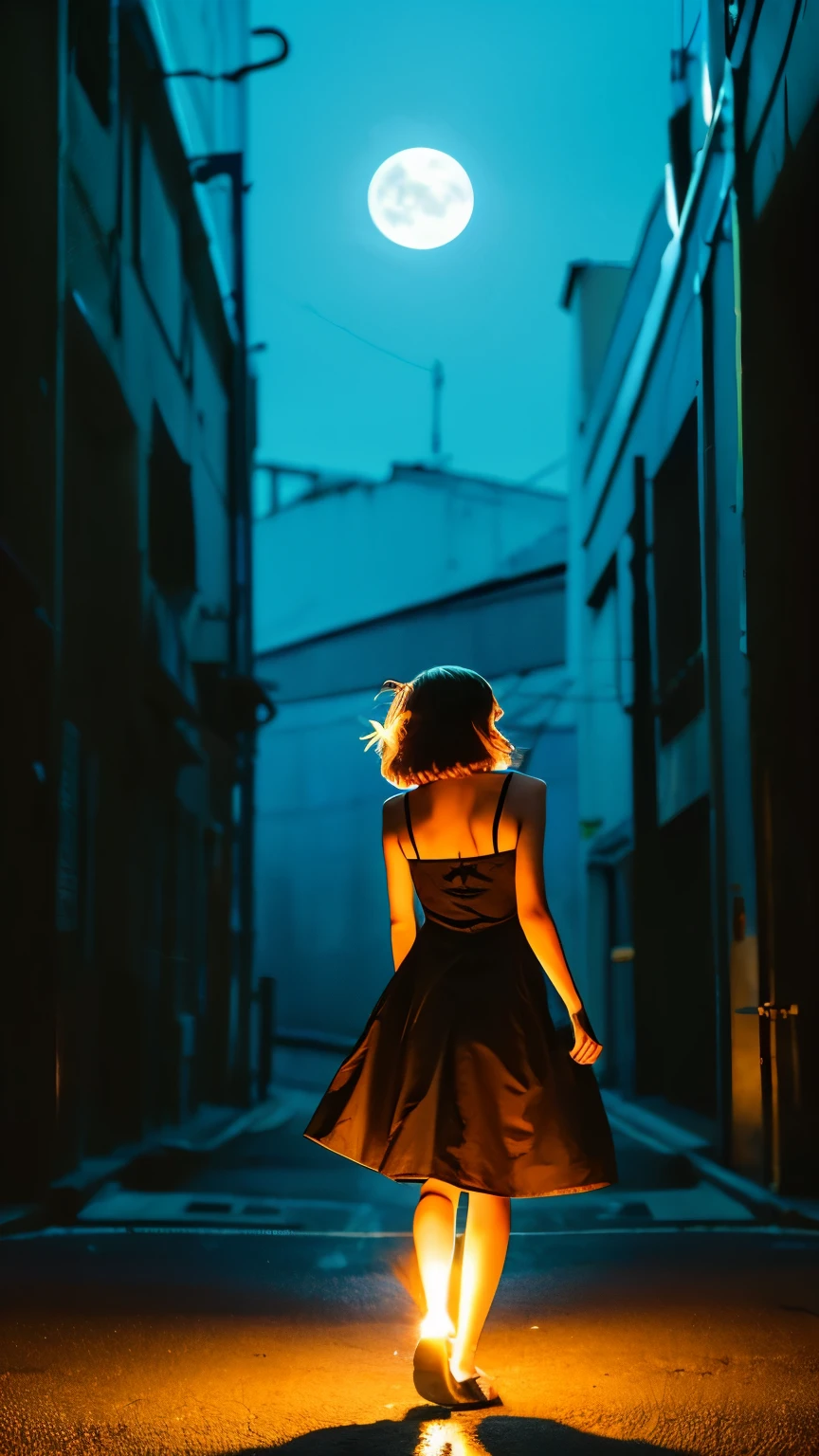 highest quality、masterpiece、sideways girl、whole body、silhouette、fear of coming、Back alley background at night、