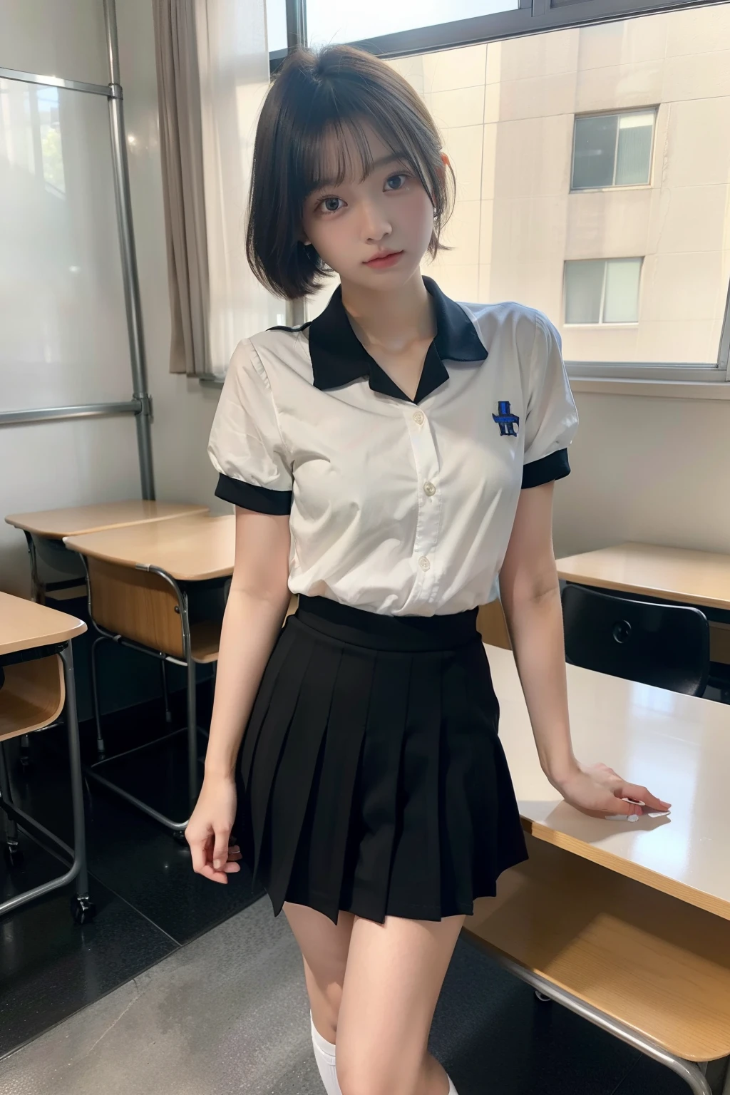 masterpiece,best quality,(Ultra High Resolution: 1.0), detail eye, Raw image, 4K,highres,1girl,japanese, face, 17 years old, round face, High School Uniforms,high school classroom, short hair,Standing naturally,looking at viewer,tearing_up,(nipples:0.5),bare legs,