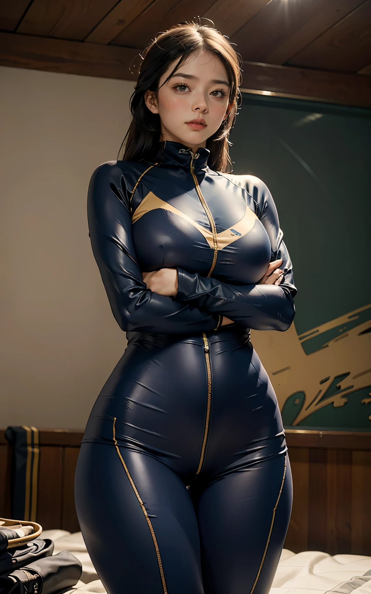 Highest image quality, outstanding details, ultra-high resolution, (realism: 1.4), ((extreme:1.5, from below)), highly condensed 1lady, with beautiful and a delicate face, perfect proportion, (chubby:0.4, big breasts), (wearing cropped-crotch-glossy-racing-suit), (cross your arms), ((blushing:1)), background simple dark gray wall, cloudy sky,