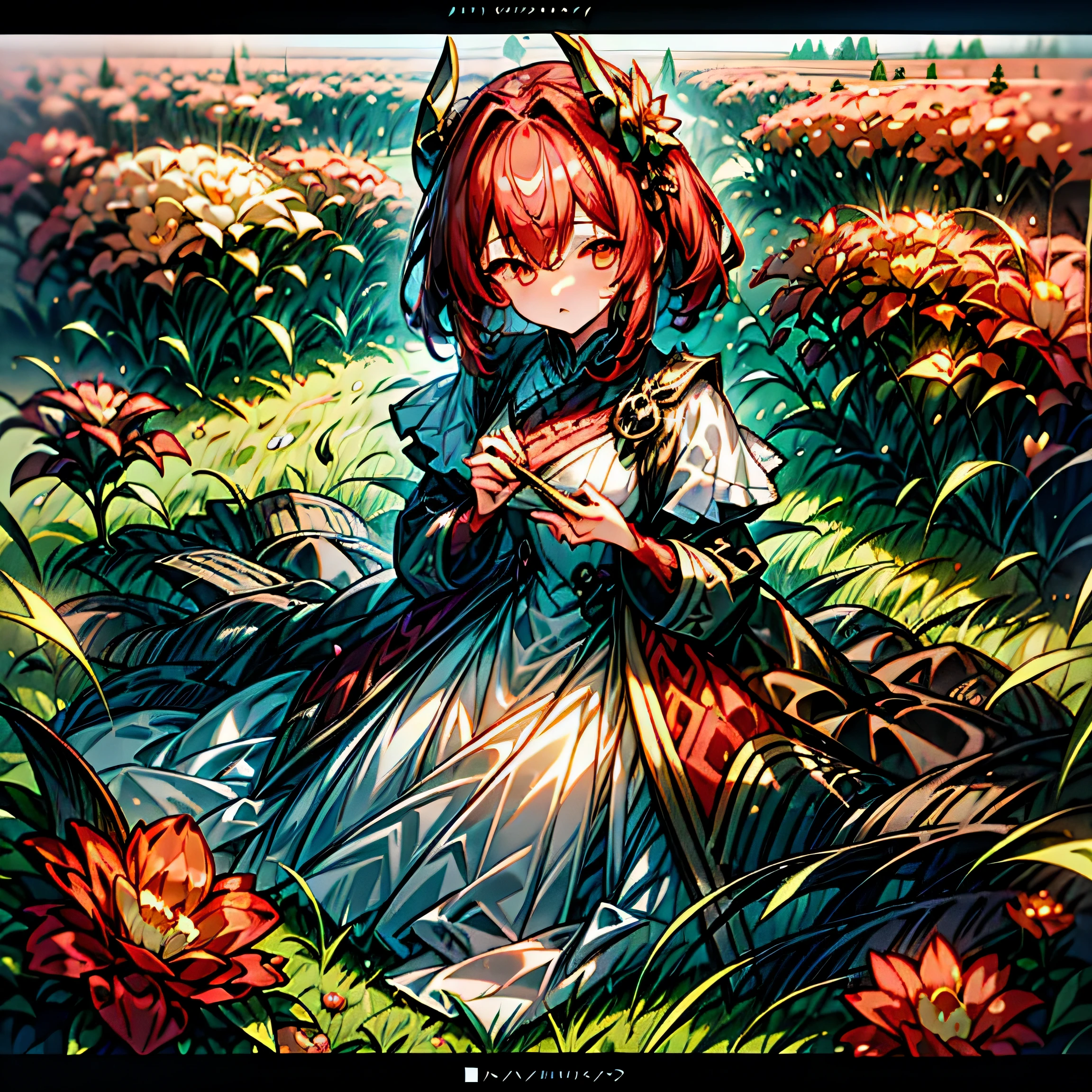  (illustration, 8k generados por ordenador, Extremadamente detallado), obra maestra, ultra detallado, Una hermosa dragonoide hembra., crimson hairs, ella esta en un campo de flores, she is dressed in a red princess dress