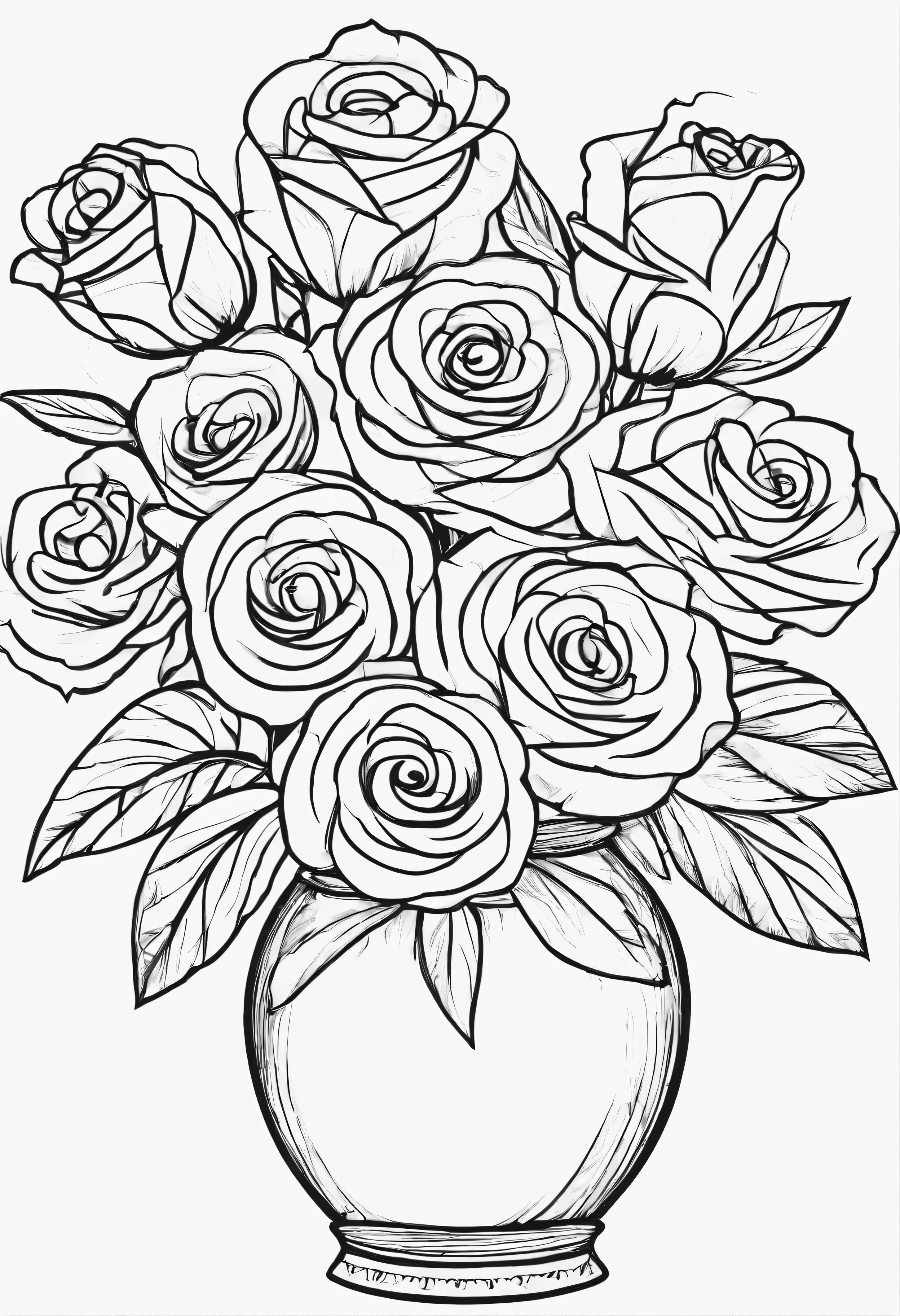 A VASE OF ROSES, b/w coloring page style, white background