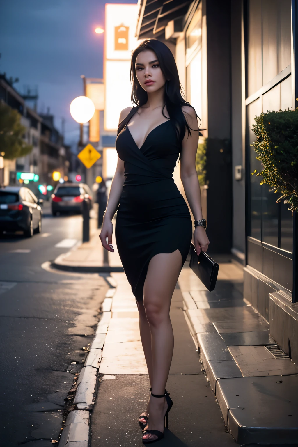 (Photorealistic: 1.5), Ultra Detail, slim European model, Masterpiece, full body pose, wearing a sexy black dress, exposed legs due to high heels, black hair cascading down, small stature, incredibly realistic, (realistic: 1.6), (detailed skin: 1.4), (best quality), (photorealistic: 1.4), night scene, outdoor setting, street lights illuminating the scene, soft focus on the model's face, sharp focus on the dress and heels, RAW photo, high resolution, dramatic lighting, cinematic effect.