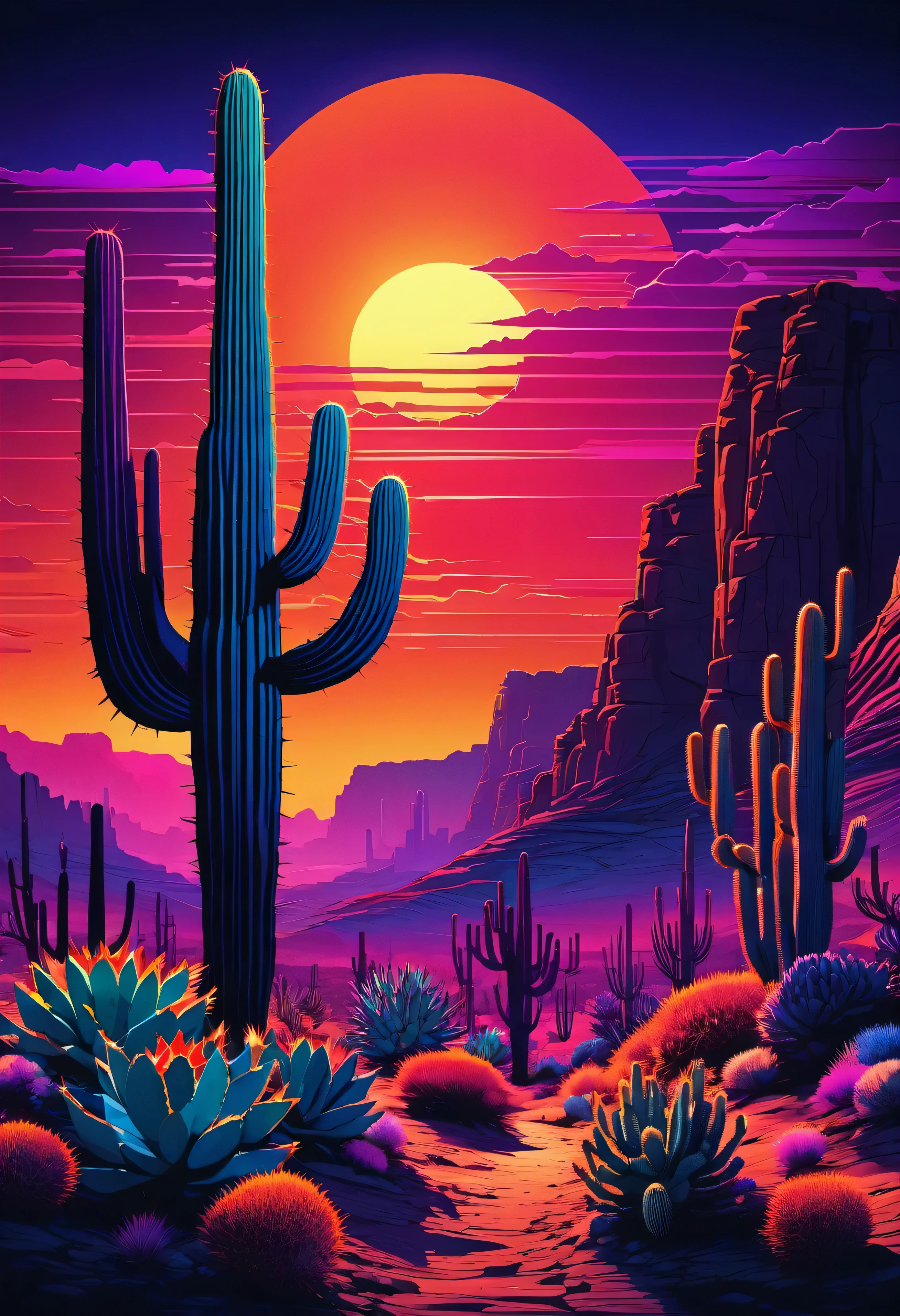 desert canyon，cactus and sun，Vectorization，Synthwave，Purple Blue Red Orange，Bright neon colors on dark background，best quality,4K,8K,High resolution,masterpiece:1.2,super detailed,actual:1.37
