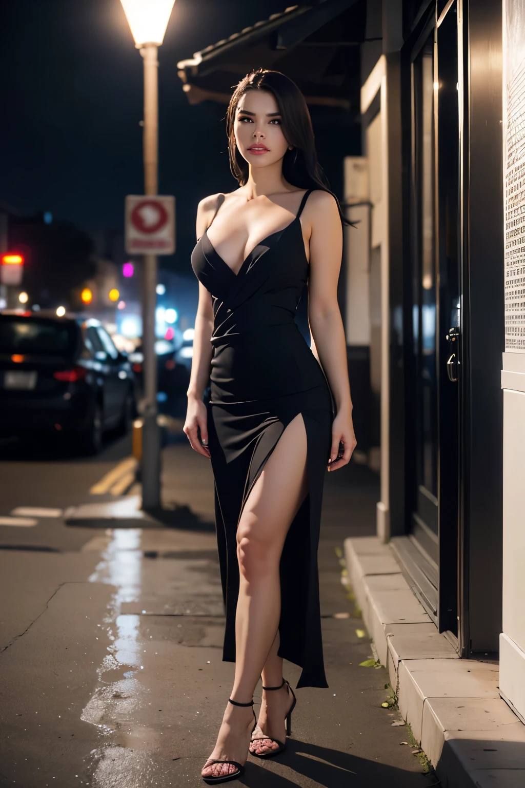 (Photorealistic: 1.5), Ultra Detail, slim European model, Masterpiece, full body pose, wearing a sexy black dress, exposed legs due to high heels, black hair cascading down, small stature, incredibly realistic, (realistic: 1.6), (detailed skin: 1.4), (best quality), (photorealistic: 1.4), night scene, outdoor setting, street lights illuminating the scene, soft focus on the model's face, sharp focus on the dress and heels, RAW photo, high resolution, dramatic lighting, cinematic effect.