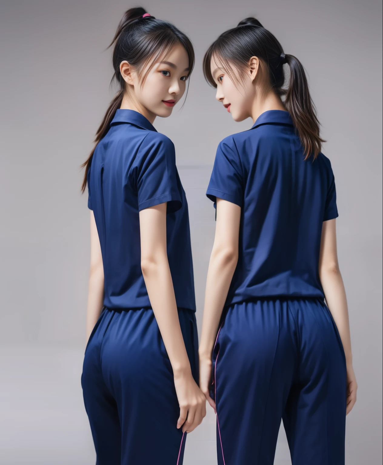 (best quality,10,10,height,Masterpiece:1.2),Special details,(realistic,ภาพrealistic,Realistic photos:1.37),1 Cute girl in the kitchen,shiny, ผิวshiny,only,smile softly,BDclothelue shirt:1.3)),short sleeve,shirt, กางเกงขาlong.,(navy_long_track pants:1.1), ((Kitchen Background)),Dynamic angle,excited,Face focus,dynamic poses,from behind,focus on ass,Masterpiece, best quality, ultra realistic, Too many details, 8k resolution, raw photos, Sharp focus, ((Navy blue shirt:1.1)), short sleeve, เส้นทางlong, perfect body, 2 mature women, 18 years old, Cinema-grade lighting system,blue sweatpants,shirtผ้าออกกำลังกาย,correct anatomy,perfect body, correct body, Sharp face, correct bodyทางกายวิภาค, full body, realistic gestures, long-haired, realistic poses,Wear long shorts...........................,ช่วงขาlong,Good shape,carved girl, Slender figure, model, Good shape, beautiful body,blue sweatpants, two girls kissing