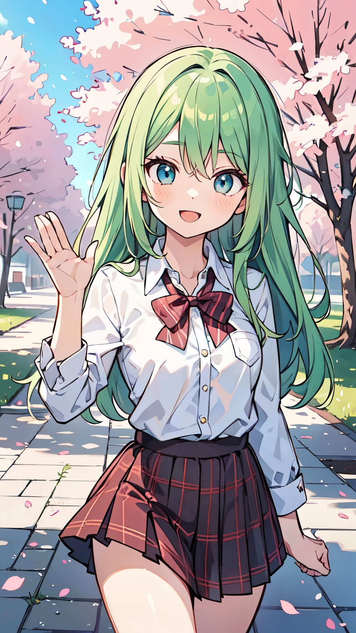 ((A Pretty High School girl with green hair and blue eyes)), ((wearing white collar shirt and plaid skirt)), Baby face, ((master piece, top-quality, ultra-definition, high resolution)), anime girl, ((ultra-detailed illust:1.2)), only one person, bangs, hair between eye, beautiful hair, Beautiful eyes, Medium breasts, Big smile, opened mouth, cherry trees, schoolyard, ((raise a hand))