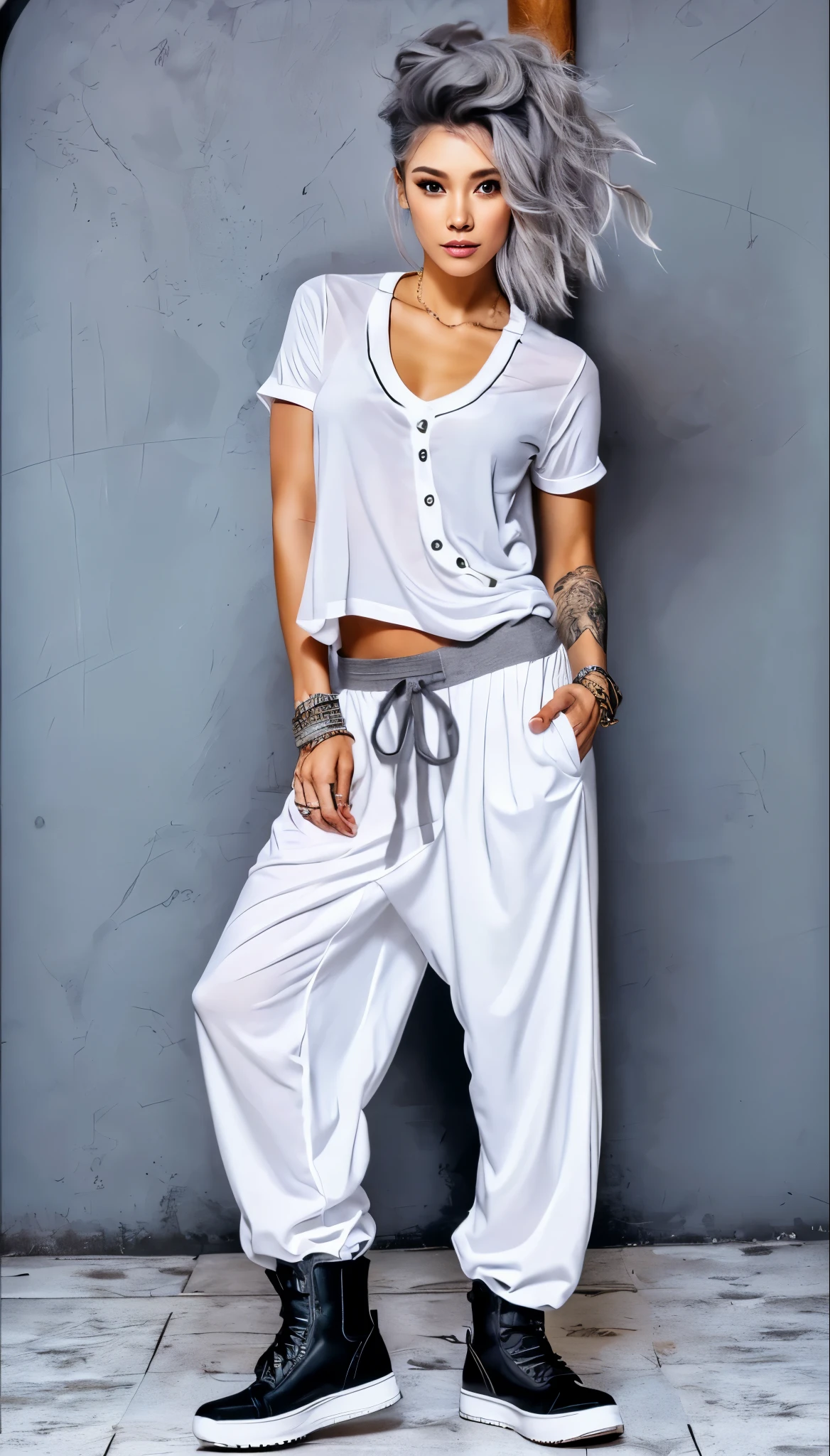(ultra detailed, beautiful, best quality:1.2), (medium hair, arranged hairstyle, gray hair:1.4), shiny hair, BREAK (all body shot:1.2), (standing, fashion model pose:1.2), (gray simple blurry background:1.4), (mist, fog:1.4), (white theme:1.2), (white 7/8 length Soft material No button shirt:1.2), (white baggy harem pants, baggy sarouel pants:1.4), (combat boots:1.2), (lots of accessories),