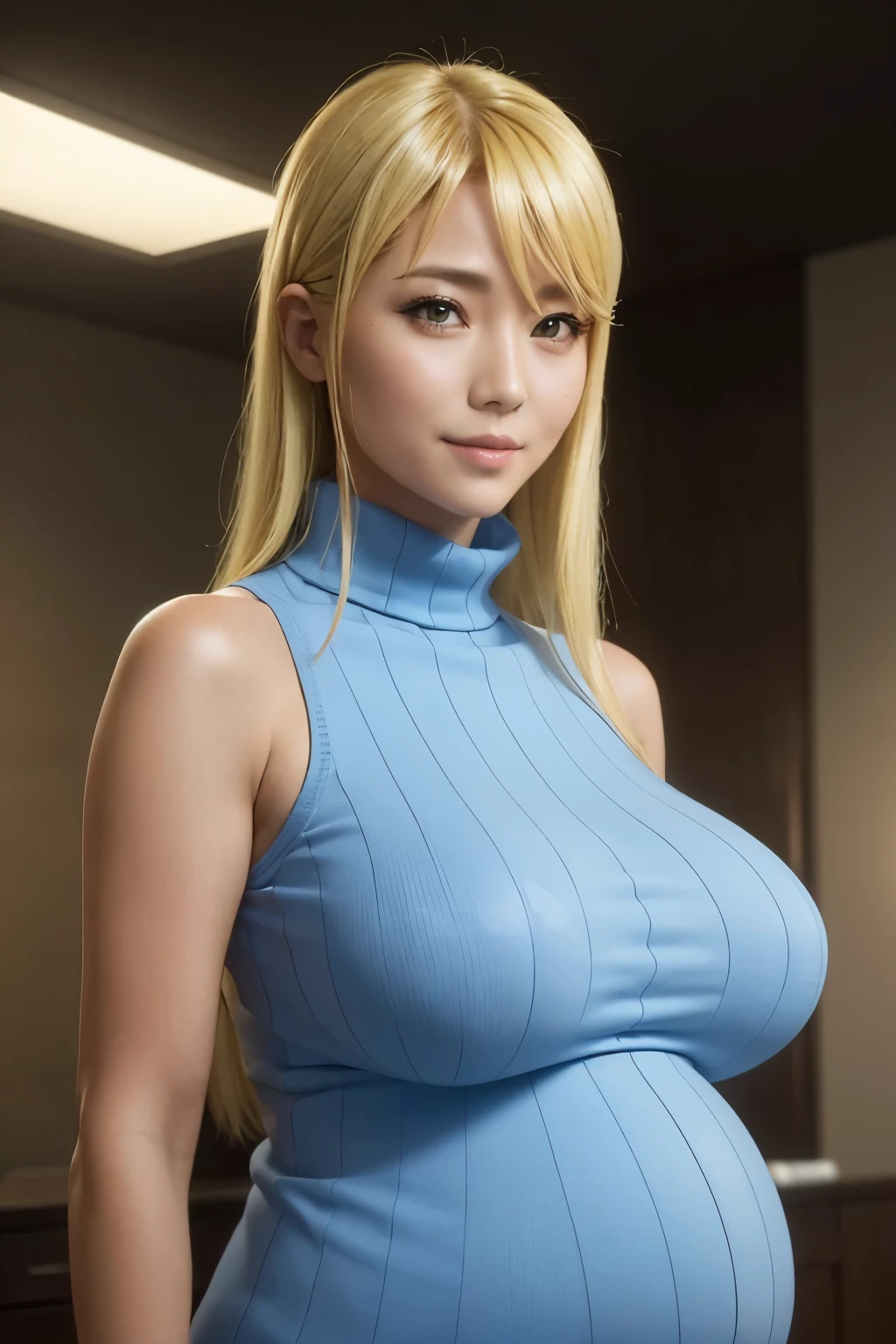 80's_jiaopian, 1girl, blonde hair, ((realistic)), ((photorealistic)),((high-res, masterpiece, best quality, cinema lighting)), masterpiece, best quality:1.2), upper body, solo, 1girl, smile, closed mouth, masterpiece, best quality, 4k, photograph, cinemtaic lighting, modelshoot, perfect lighting, perfect detailed face, professional photoshoot, seductive smile, wide hips, thick thighs, short female,(((huge breasts))), ((huge pregnant, 40weeks pregnant, overdue pregnant)),((((shizuka marikawa)))), blonde hair, blue turtle neck sweater, sleeveless, realistic,(((beautiful))),japanese female,((mature female 1.3))