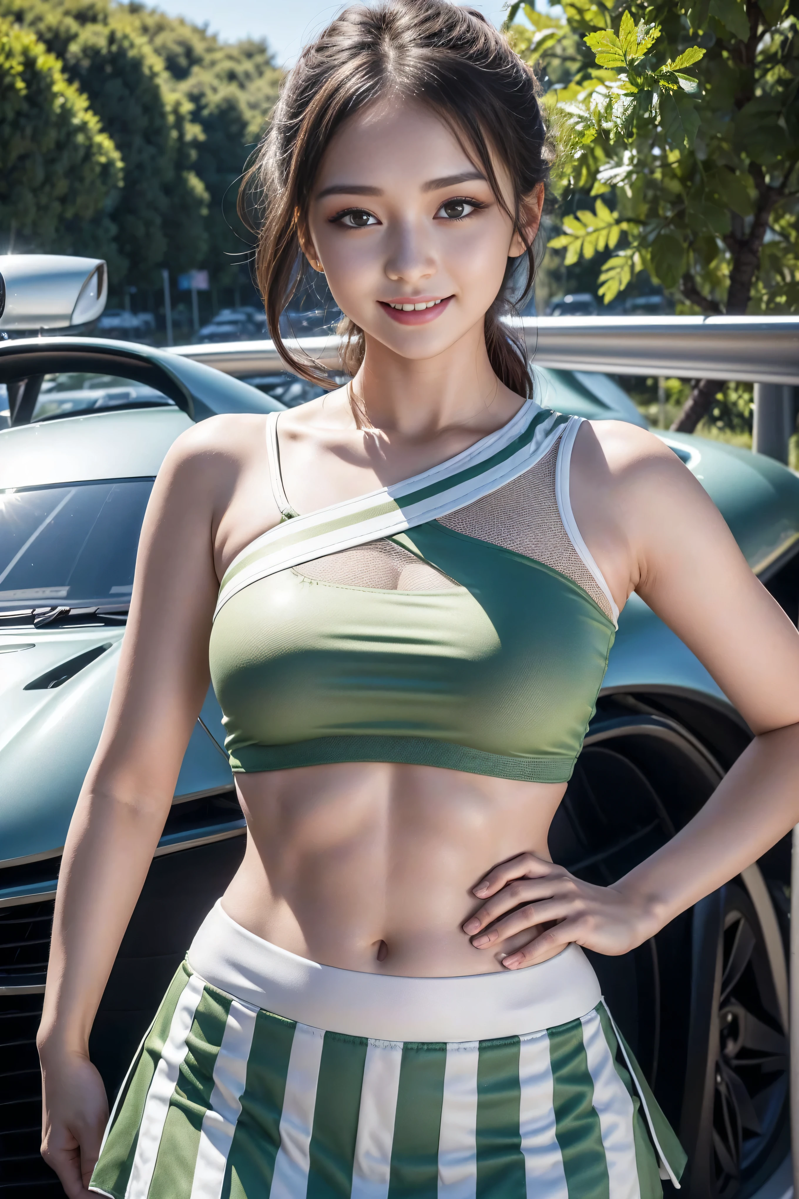 (((One shoulder mesh girls suit))),(((dynamic poses))),(((midriff peek))),(((Show lower chest ))),(((Green and white miniskirt lift))),(((Bare inner thighs))),(((Showcasing Formula One racing cars))),ulzzang-6500-v1.1, (original photo:1.2), (lifelike:1.4), Two beautiful and delicate girls, Extremely detailed eyes and face, beautiful and delicate eyes, super detailed, High resolution, top quality,masterpiece, Very detailed, 8k wallpaper, wonderful, fine details, top quality, There is Light on the face,Light,1 girl in,(Rails),beautiful eyes,Smile,open mouth
