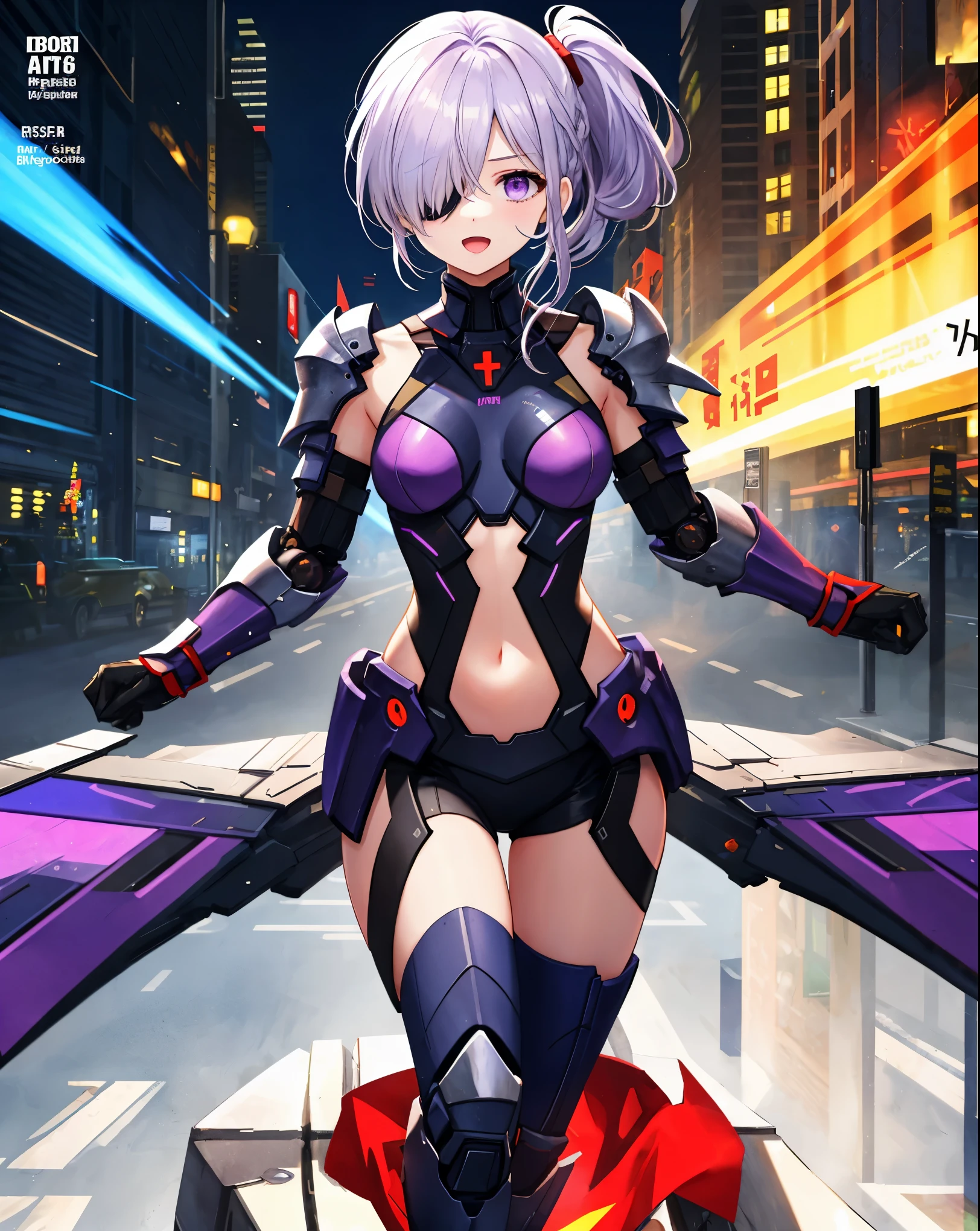 ,1girl,(:1.5), (short_ponytail:1.3), (light_whitish_purple_hair:1.3),black_mechanical_armor,white_breats_red_black_body_suit,bare_shoulder,bare_slender_thighs,medium_breasts,citround,Stinging_eyes,sleepy,thighhigh_greaves,gauntlets,dynamic_posing,bare_frank,metal_red_parts_armor,red_eye,solo,
fists,hold_weapon,glare,navel,large_mechanical_parts,happy,waist_armor,open_mouth,rise_legs,apart_legs, (covered_navel:1.3),(very_long_bangs:1.3), (hair_over_one_eye:1.5),(long_bang_covers_right_half_of_face:1.5),
(covered_pussy:1.1),coveredsts,fighting,