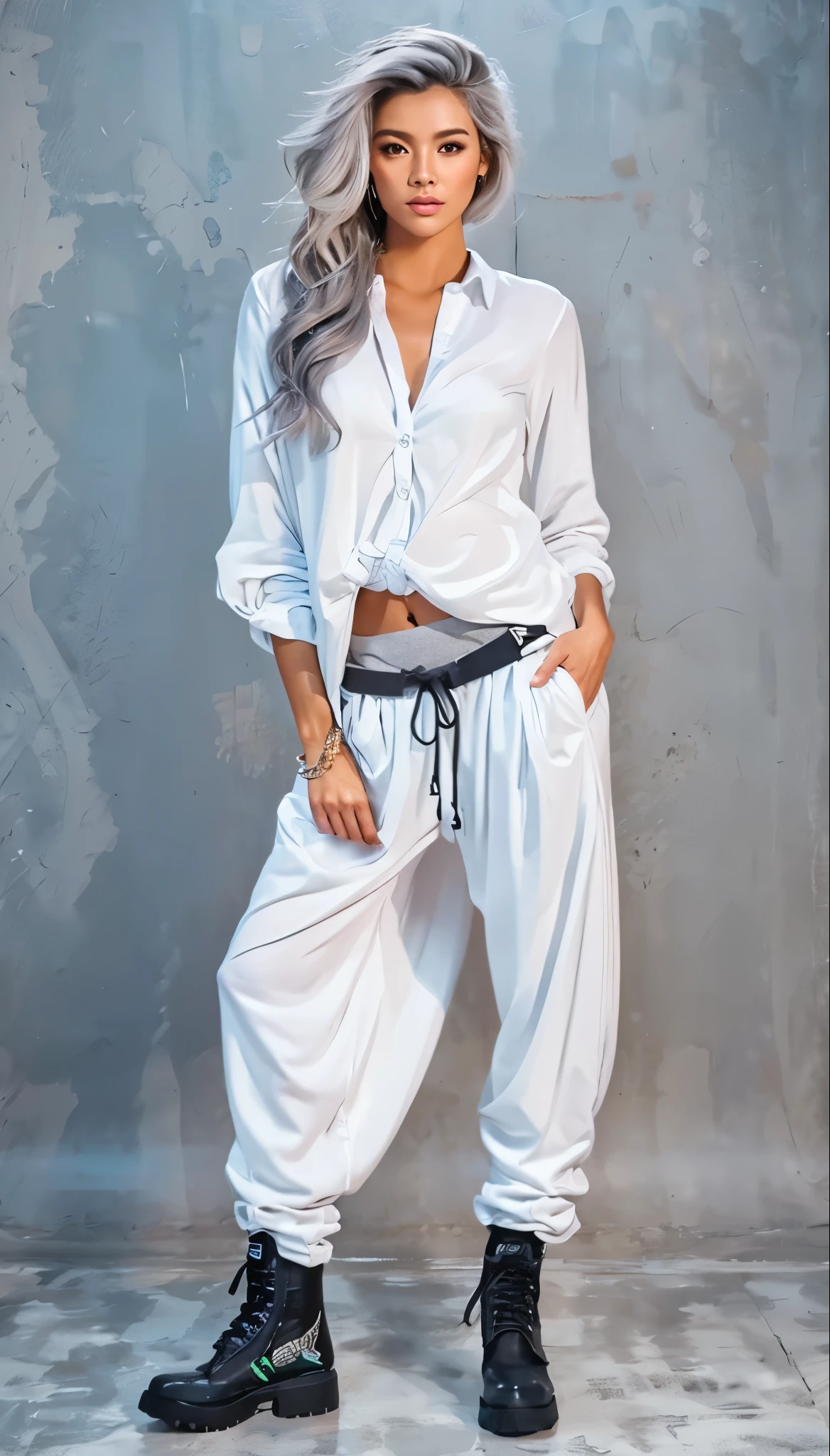  (ultra detailed, beautiful, best quality:1.2), (medium hair, arranged hairstyle, gray hair:1.4), shiny hair, BREAK (all body shot:1.2), (standing, fashion model pose:1.2), (gray simple blurry background:1.4), (mist, fog:1.4), (white theme:1.2), (white 7/8 length shirt:1.2), (white baggy harem pants, baggy sarouel pants:1.4), (combat boots:1.2), (lots of accessories),