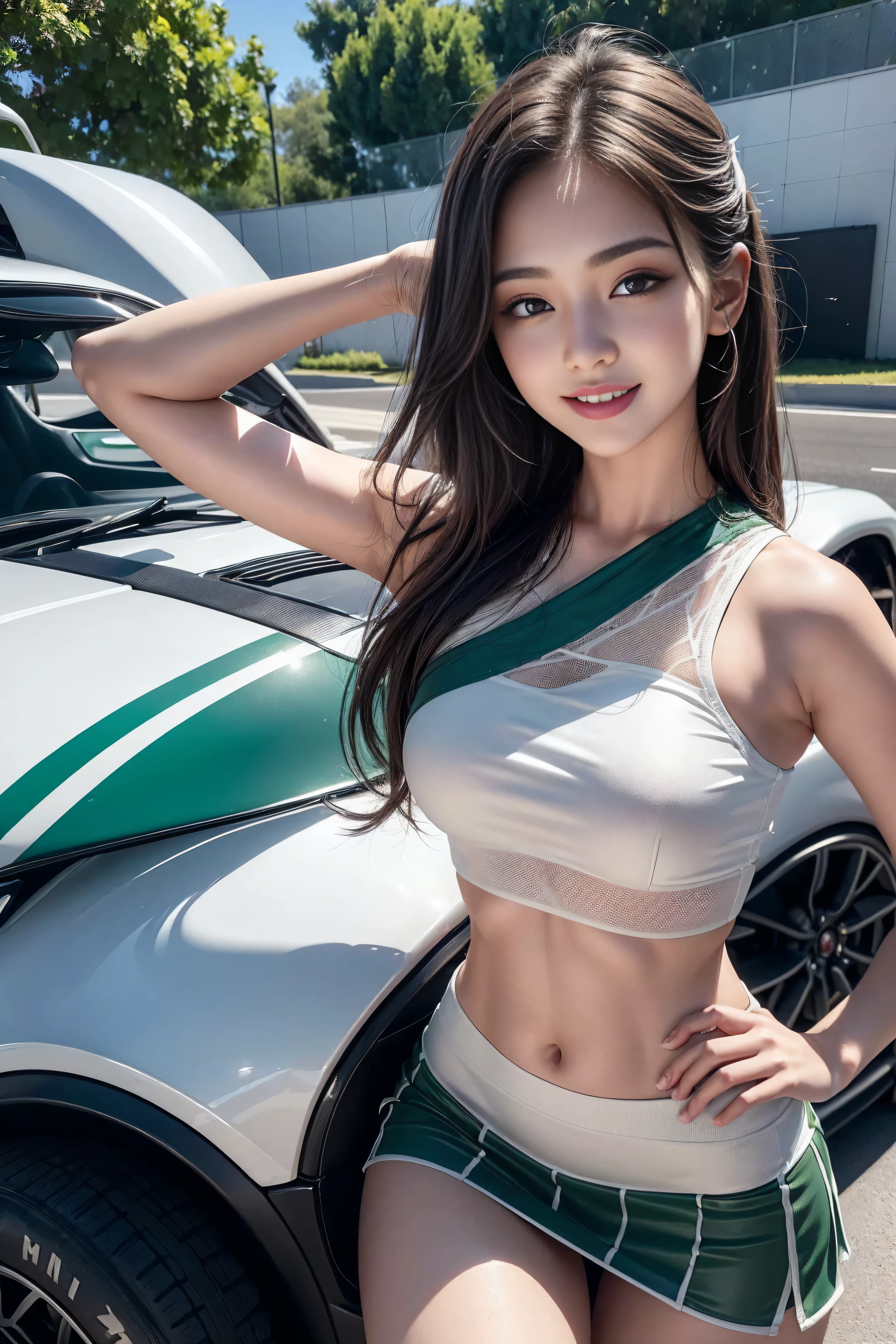 (((One shoulder mesh girls suit))),(((dynamic poses))),(((midriff peek))),(((Show lower chest ))),(((Green and white miniskirt lift))),(((Bare inner thighs))),(((Showcasing Formula One racing cars))),ulzzang-6500-v1.1, (original photo:1.2), (lifelike:1.4), Two beautiful and delicate girls, Extremely detailed eyes and face, beautiful and delicate eyes, super detailed, High resolution, top quality,masterpiece, Very detailed, 8k wallpaper, wonderful, fine details, top quality, There is Light on the face,Light,1 girl in,(Rails),beautiful eyes,Smile,open mouth