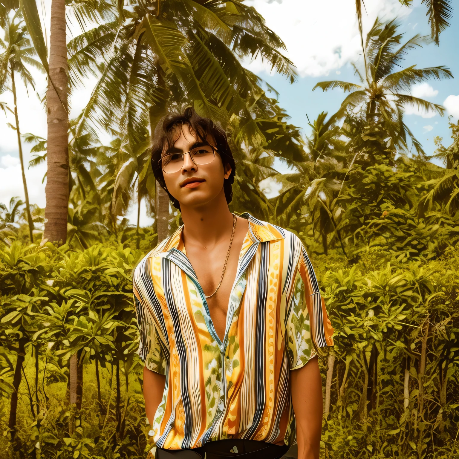 arafed man standing in a field with a suitcase and a backpack, inspired by Byron Galvez, with palm trees in the back, in front of a forest background, inspired by Jorge Jacinto, thawan duchanee, inspired by David Diao, inspired by Adam Dario Keel, in a jungle, inspired by Camille-Pierre Pambu Bodo